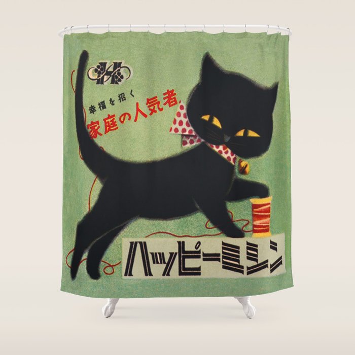Vintage Japanese Black Cat Shower Curtain Gallery - Adult & Kids T-Shirts, Sweatshirts & Hoodies apparel design preview 1