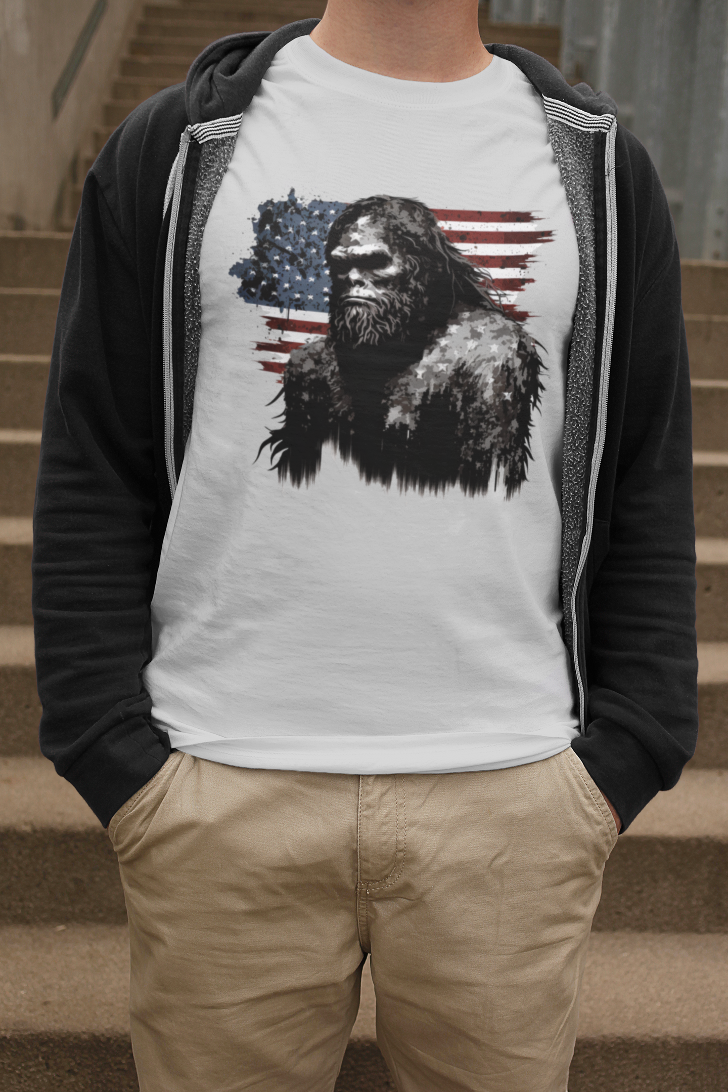 Bigfoot Us Flag (Grey) - Adult & Kids T-Shirts, Sweatshirts & Hoodies apparel design preview 1