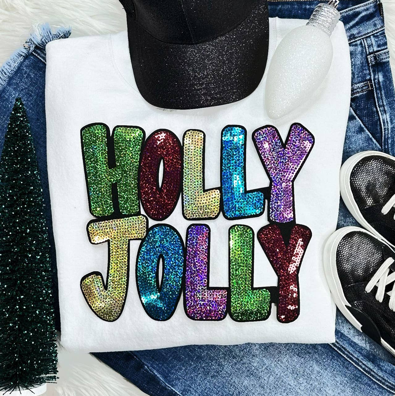 Sequin Holly Jolly Chenille White Crewneck - Adult & Kids T-Shirts, Sweatshirts & Hoodies apparel design preview 1