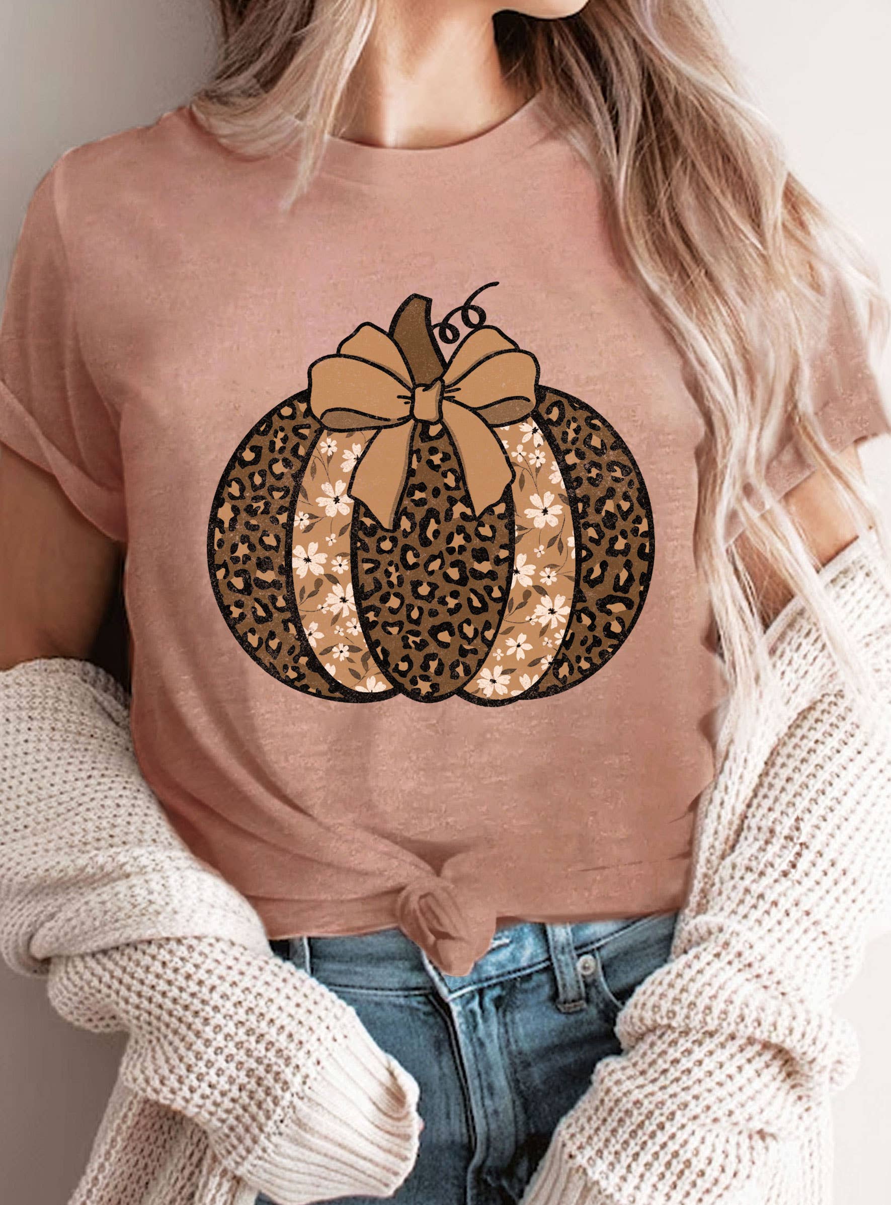 Coquette Bow Leopard Flower Pumpkin Graphic - Adult & Kids T-Shirts, Sweatshirts & Hoodies apparel design preview 1