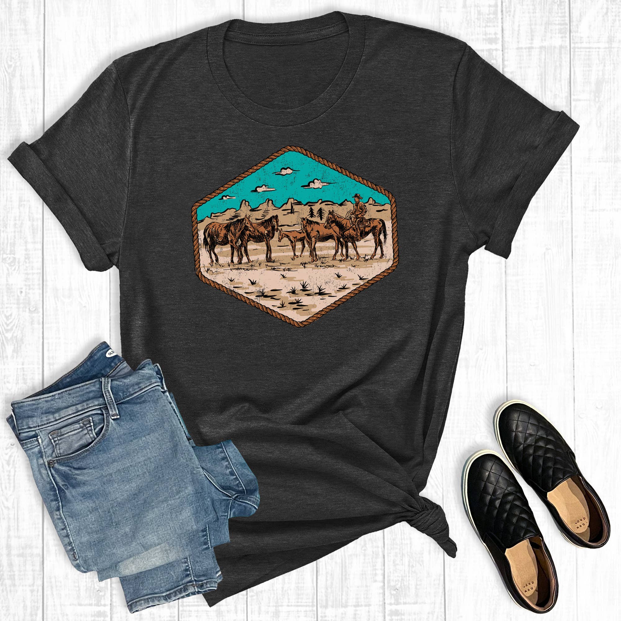 Western Desert Horses Graphic - Adult & Kids T-Shirts, Sweatshirts & Hoodies apparel design preview 1