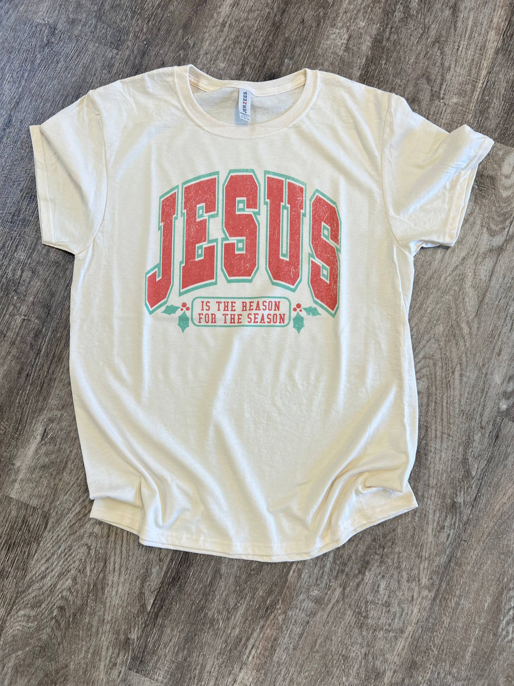 Jesus Is the Reason For Season (with Holly) On Cream - Adult & Kids T-Shirts, Sweatshirts & Hoodies apparel design preview 1
