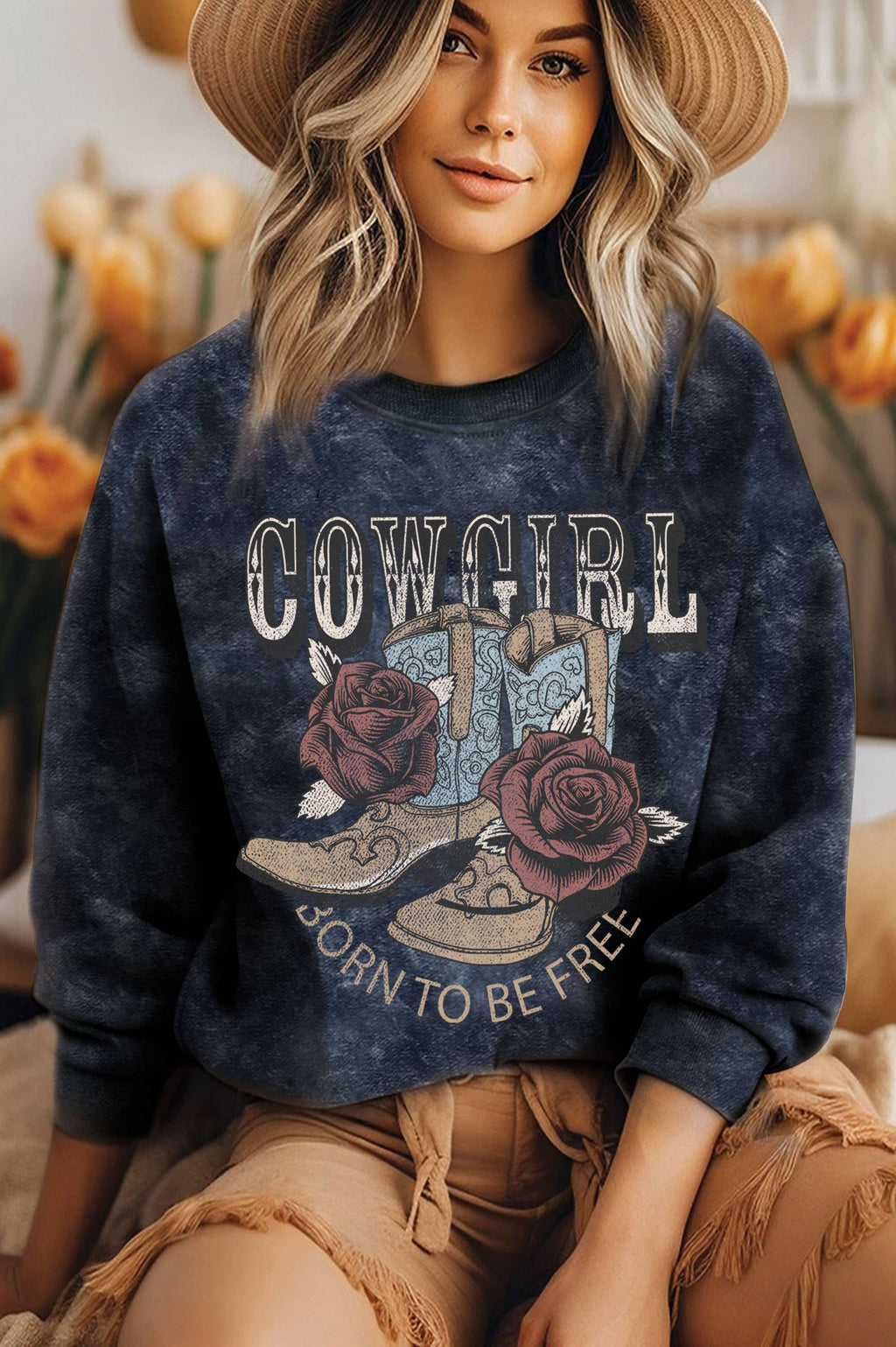 Cowgirl Born To Be Free Mineral Graphic Brushed - Adult & Kids T-Shirts, Sweatshirts & Hoodies apparel design preview 1
