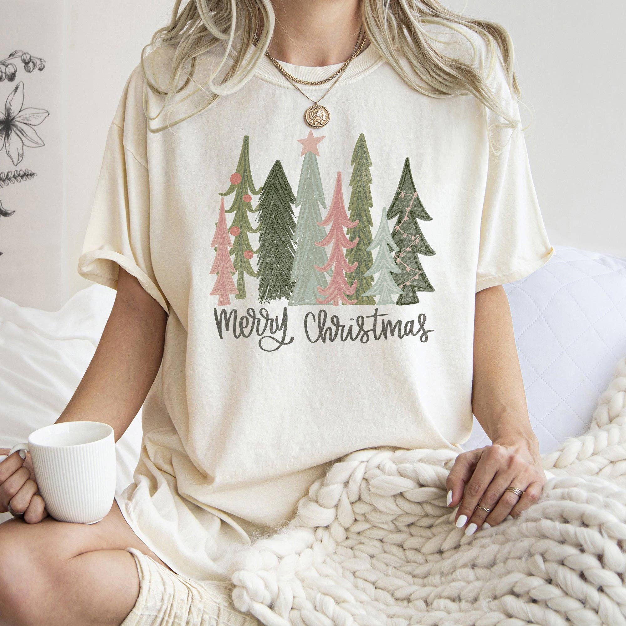 Retro Merry Christmas Trees, Pastels, Star, - Adult & Kids T-Shirts, Sweatshirts & Hoodies apparel design preview 1