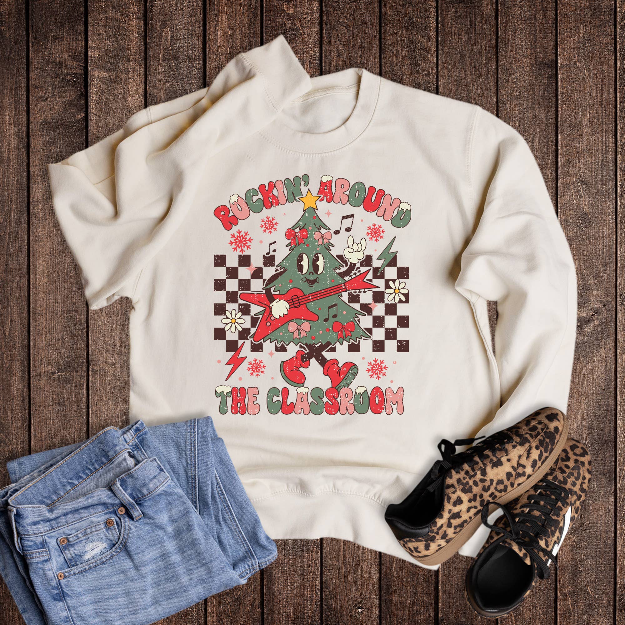 Christmas Teacher Rockin' Around the Classroom - Adult & Kids T-Shirts, Sweatshirts & Hoodies apparel design preview 1