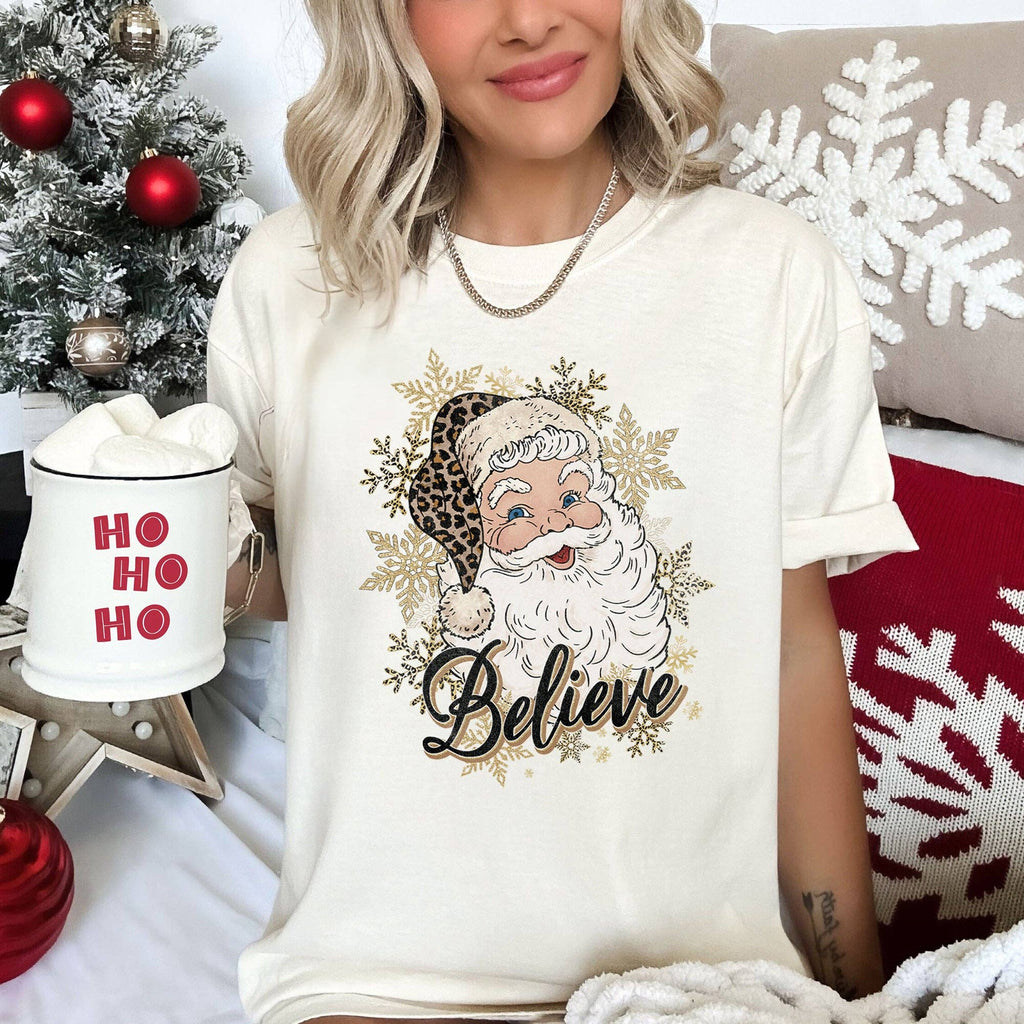 Retro Santa, Believe, Christmas, Leopard Print, - Adult & Kids T-Shirts, Sweatshirts & Hoodies apparel design preview 1