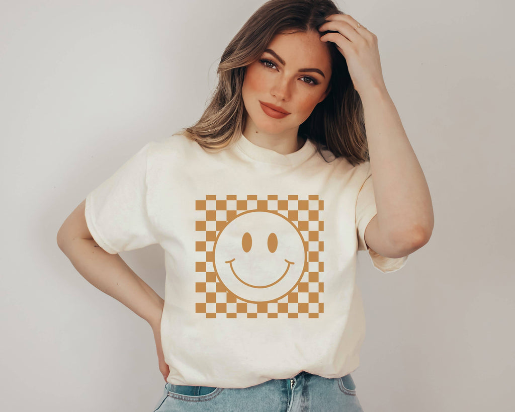 Camel Checker Happy Face Fall Holiday Graphic - Adult & Kids T-Shirts, Sweatshirts & Hoodies apparel design preview 1