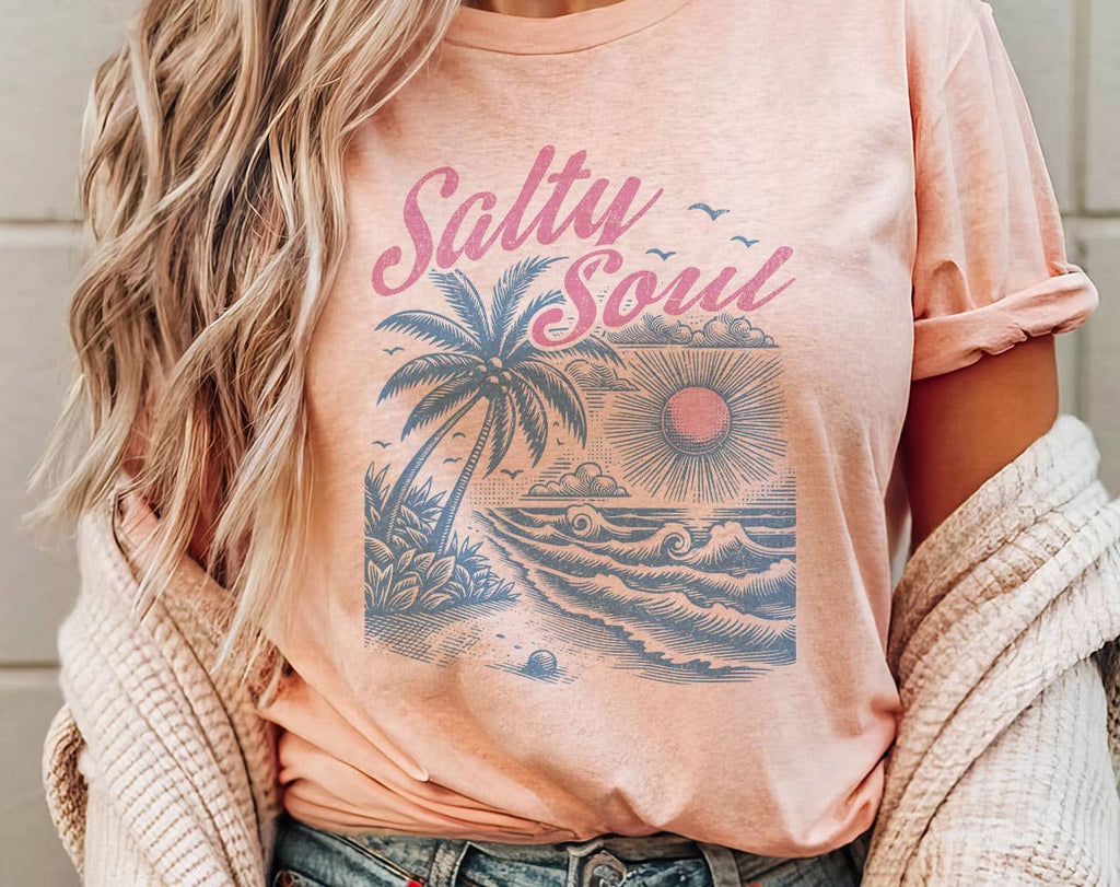 Salty Soul Beach Palm Tree Retro Graphic - Adult & Kids T-Shirts, Sweatshirts & Hoodies apparel design preview 1