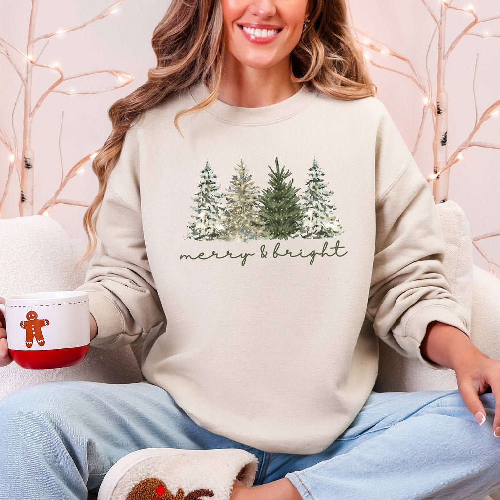 Merry and Bright Christmas Trees Santa Snowflakes - Adult & Kids T-Shirts, Sweatshirts & Hoodies apparel design preview 1