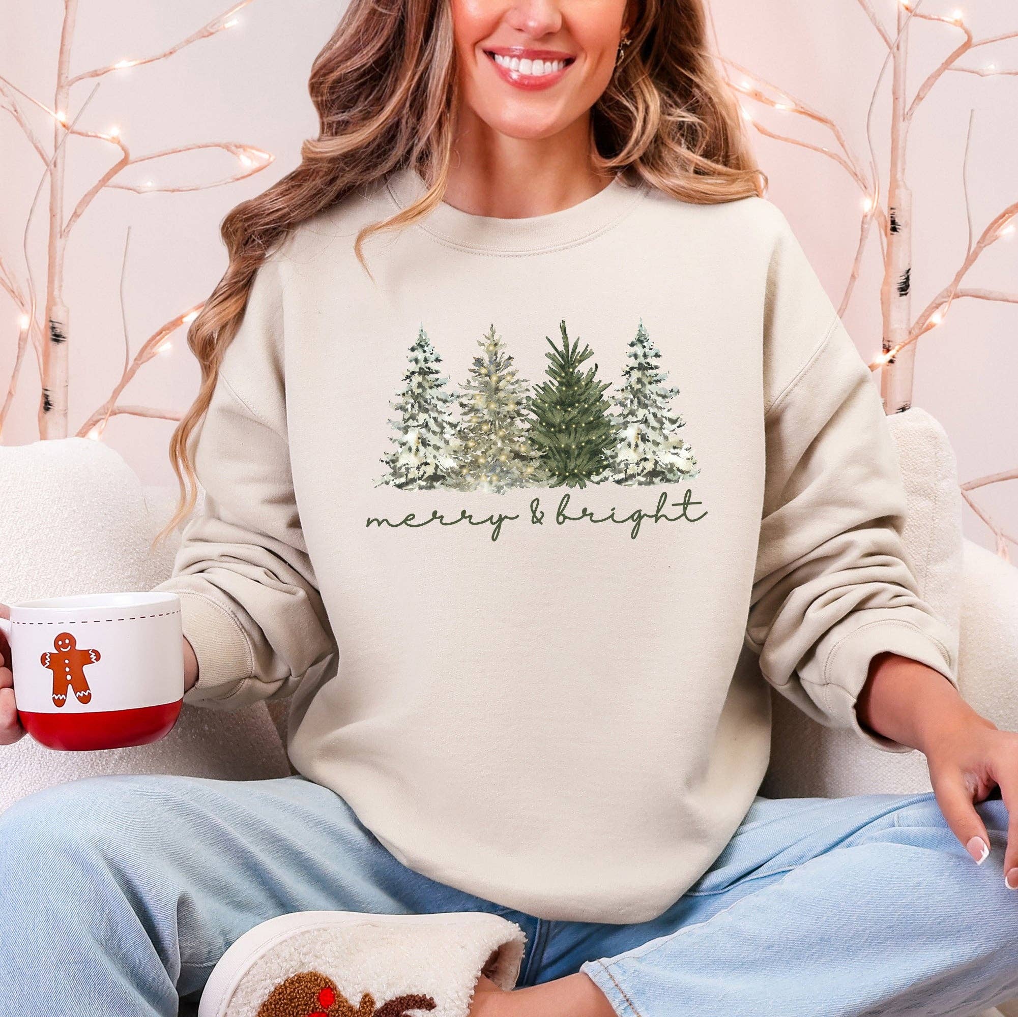 Merry and Bright Christmas Trees Santa Snowflakes - Adult & Kids T-Shirts, Sweatshirts & Hoodies apparel design preview 1