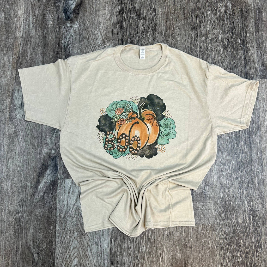 Boo Pumpkin with Flowers On Sand - Adult & Kids T-Shirts, Sweatshirts & Hoodies apparel design preview 1