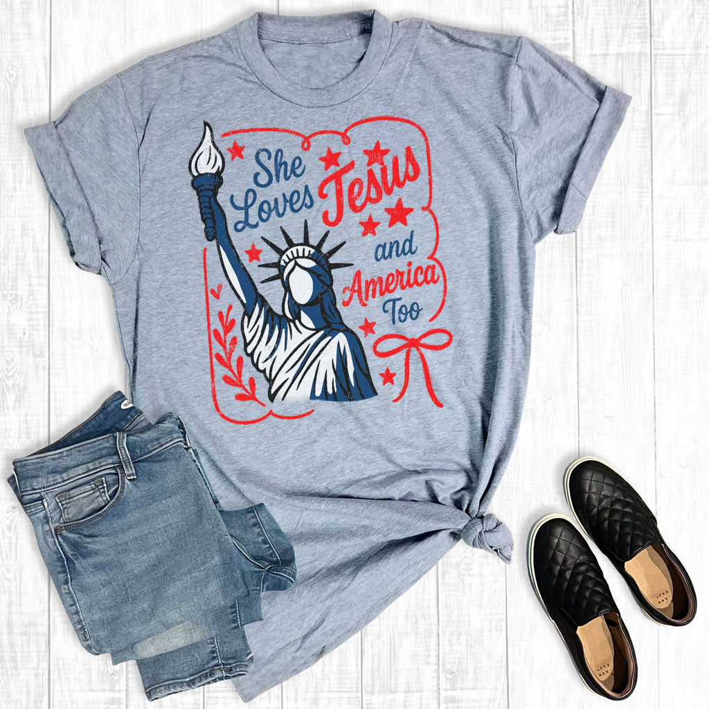 Fourth of July She Loves Jesus and America Too - Adult & Kids T-Shirts, Sweatshirts & Hoodies apparel design preview 1