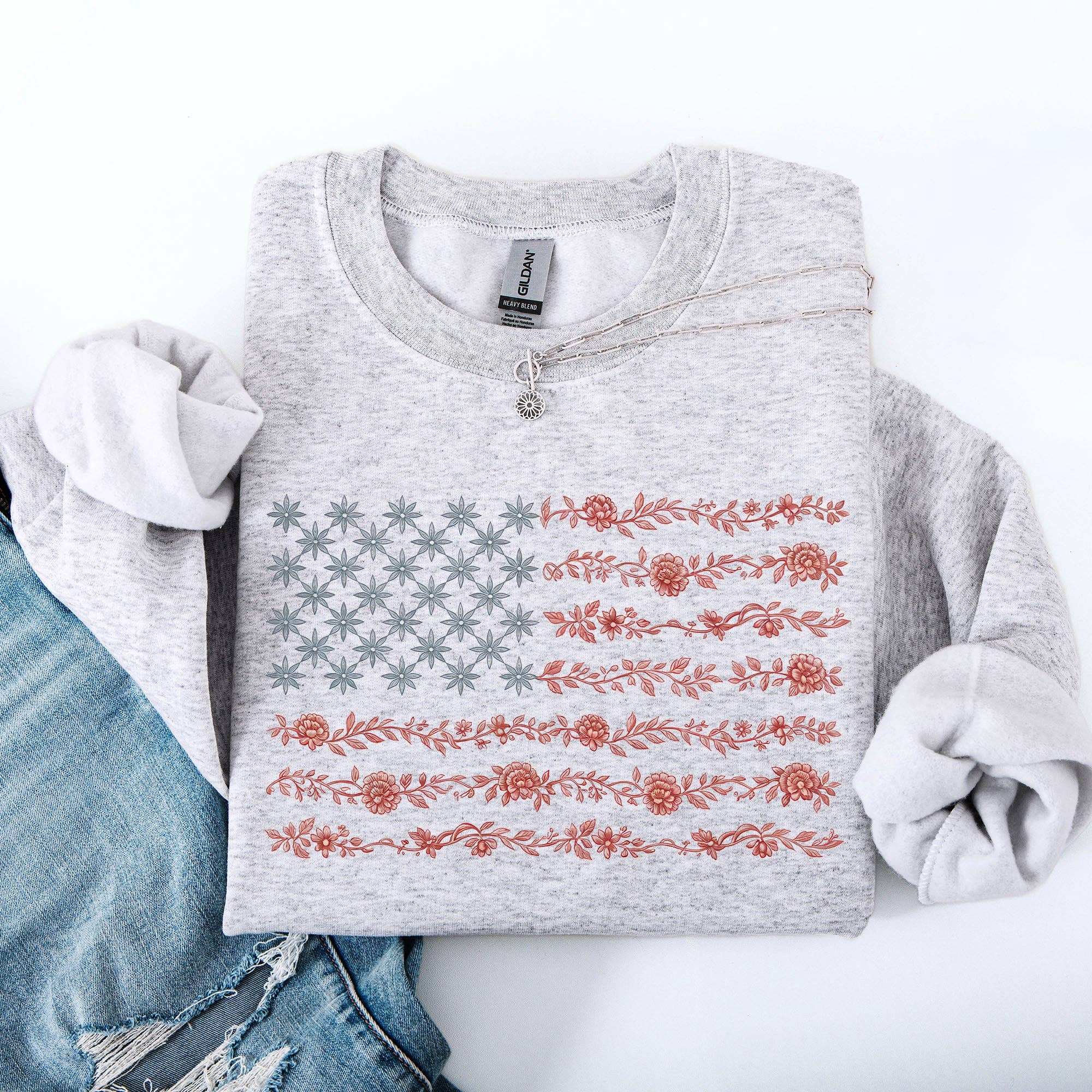 Floral America Flag, USA, 4th of July - Adult & Kids T-Shirts, Sweatshirts & Hoodies apparel design preview 1
