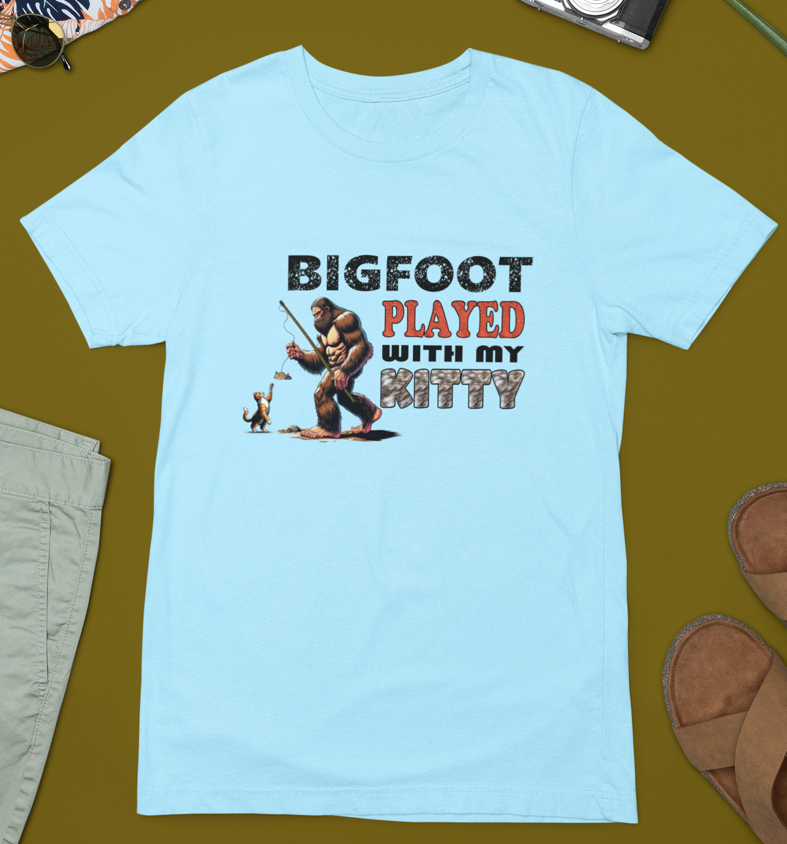 Bigfoot Played with My Kitty (Light Blue) - Adult & Kids T-Shirts, Sweatshirts & Hoodies apparel design preview 1