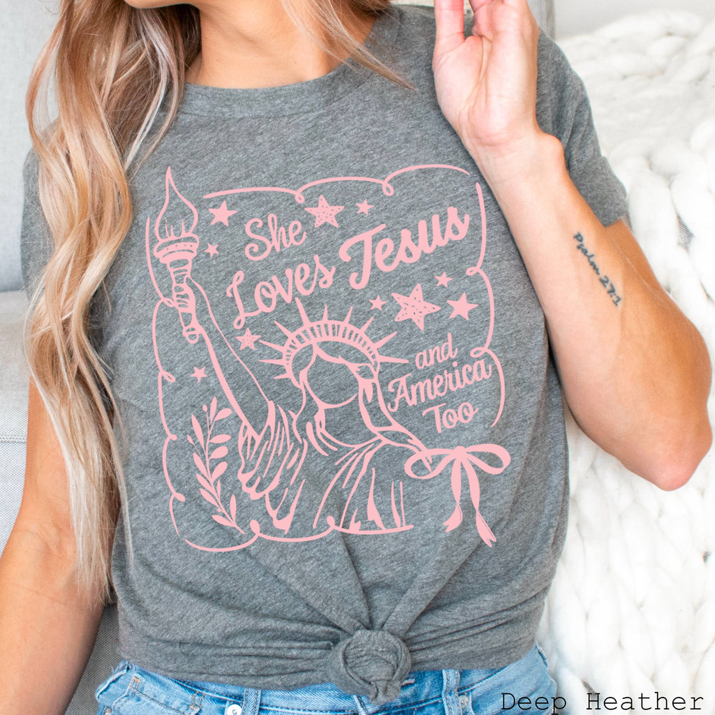 July 4th Graphic She Loves Jesus Bella Canvas - Adult & Kids T-Shirts, Sweatshirts & Hoodies apparel design preview 1