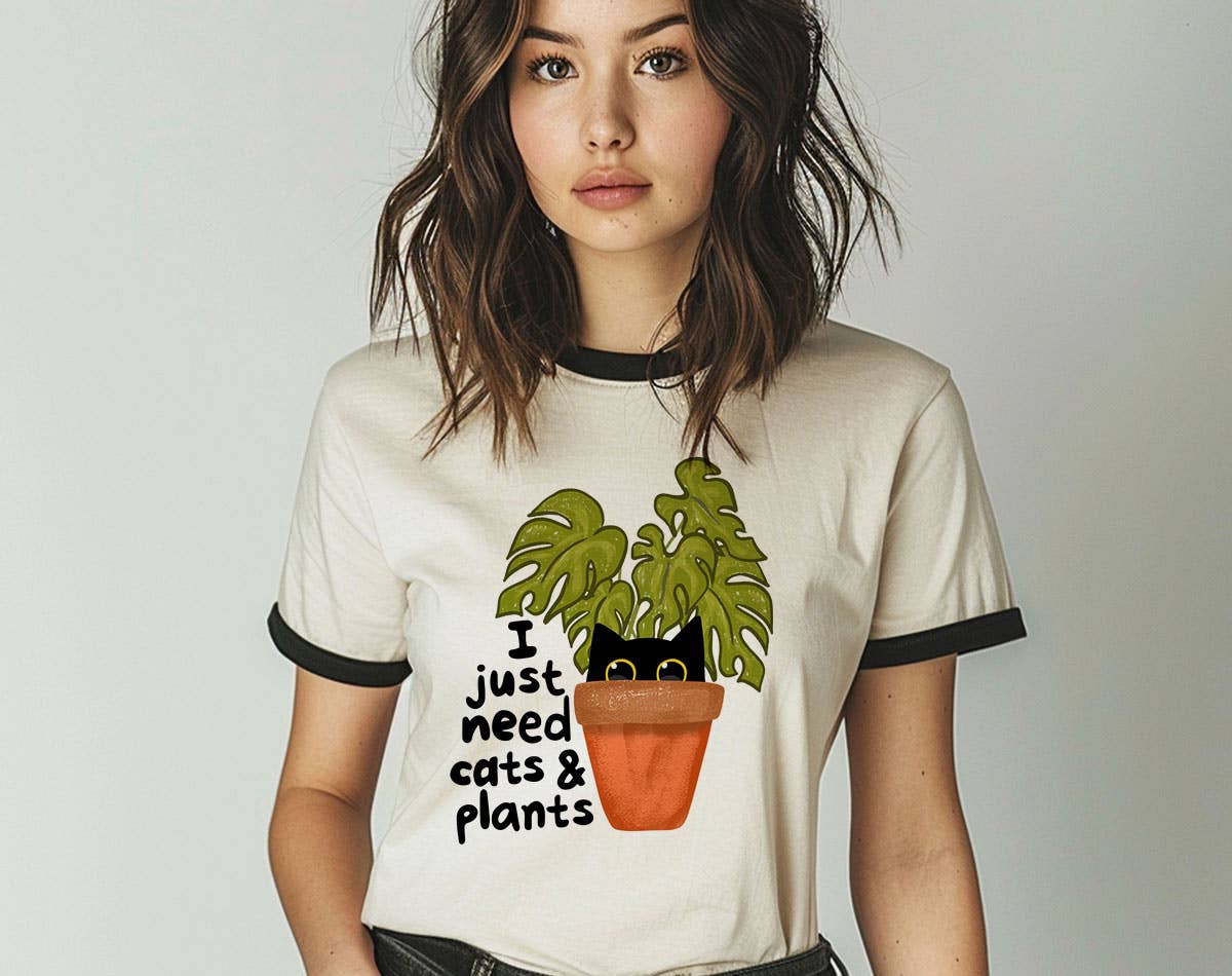 I Just Need Cats and Plants Cute Funny Cat Ringer - Adult & Kids T-Shirts, Sweatshirts & Hoodies apparel design preview 1