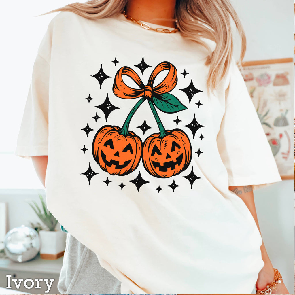 Halloween 2025 Pumpkins Bow Graphic Comfort Color - Adult & Kids T-Shirts, Sweatshirts & Hoodies apparel design preview 1