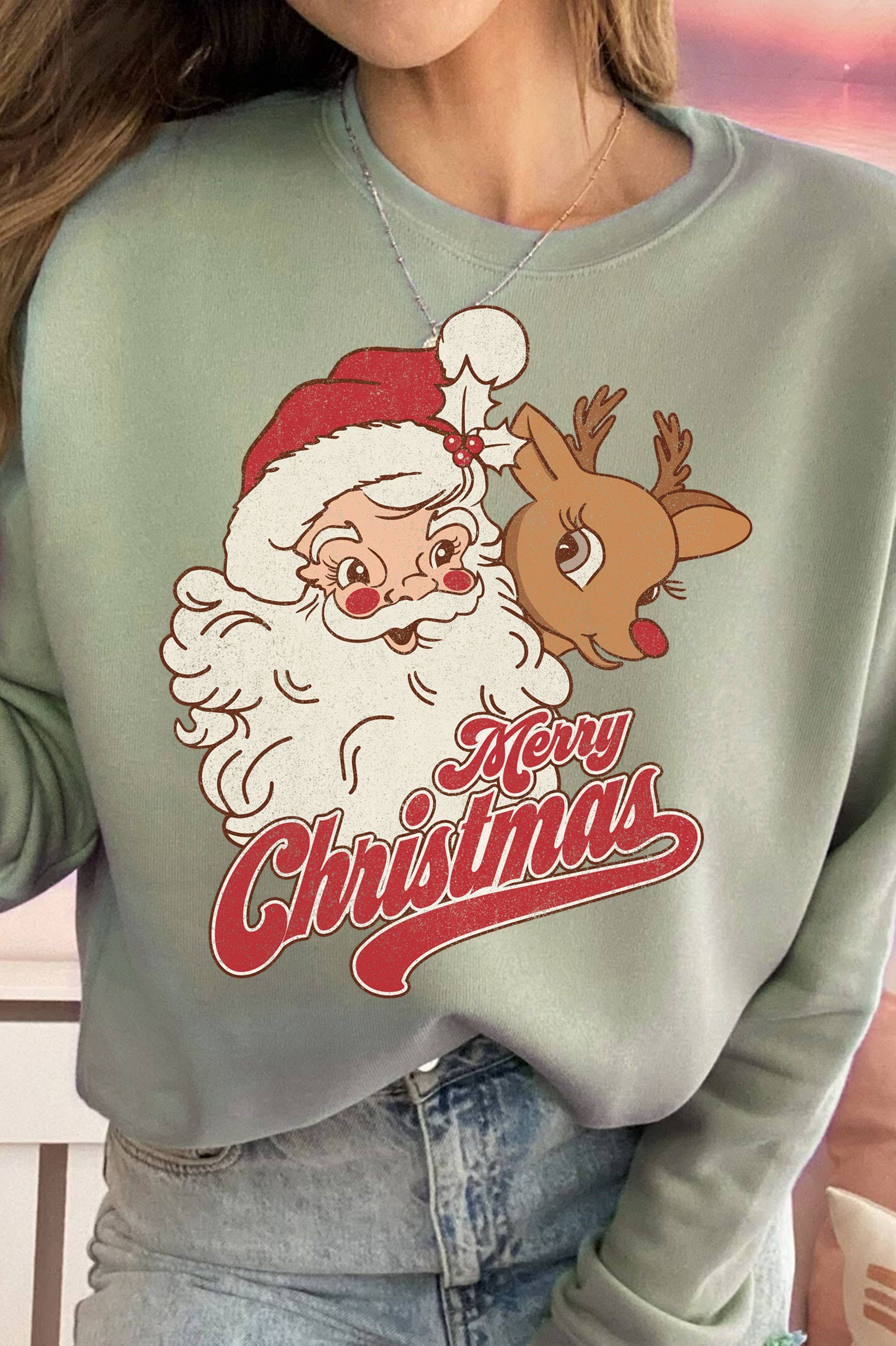 Santa and Rudolph Merry Christmas Graphic Brushed - Adult & Kids T-Shirts, Sweatshirts & Hoodies apparel design preview 1