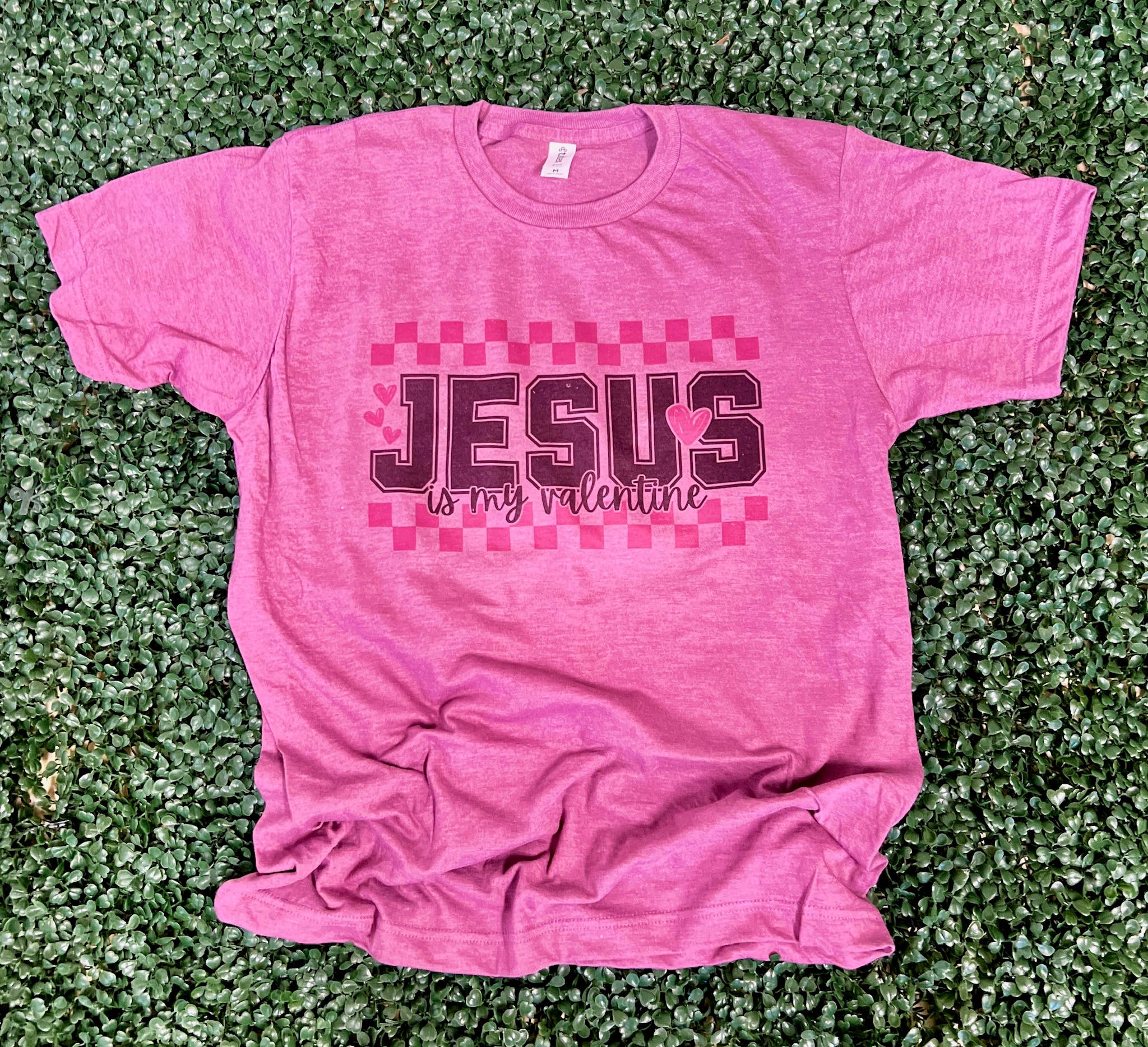 Jesus Is My Valentine Pink Checkered On Heather - Adult & Kids T-Shirts, Sweatshirts & Hoodies apparel design preview 1