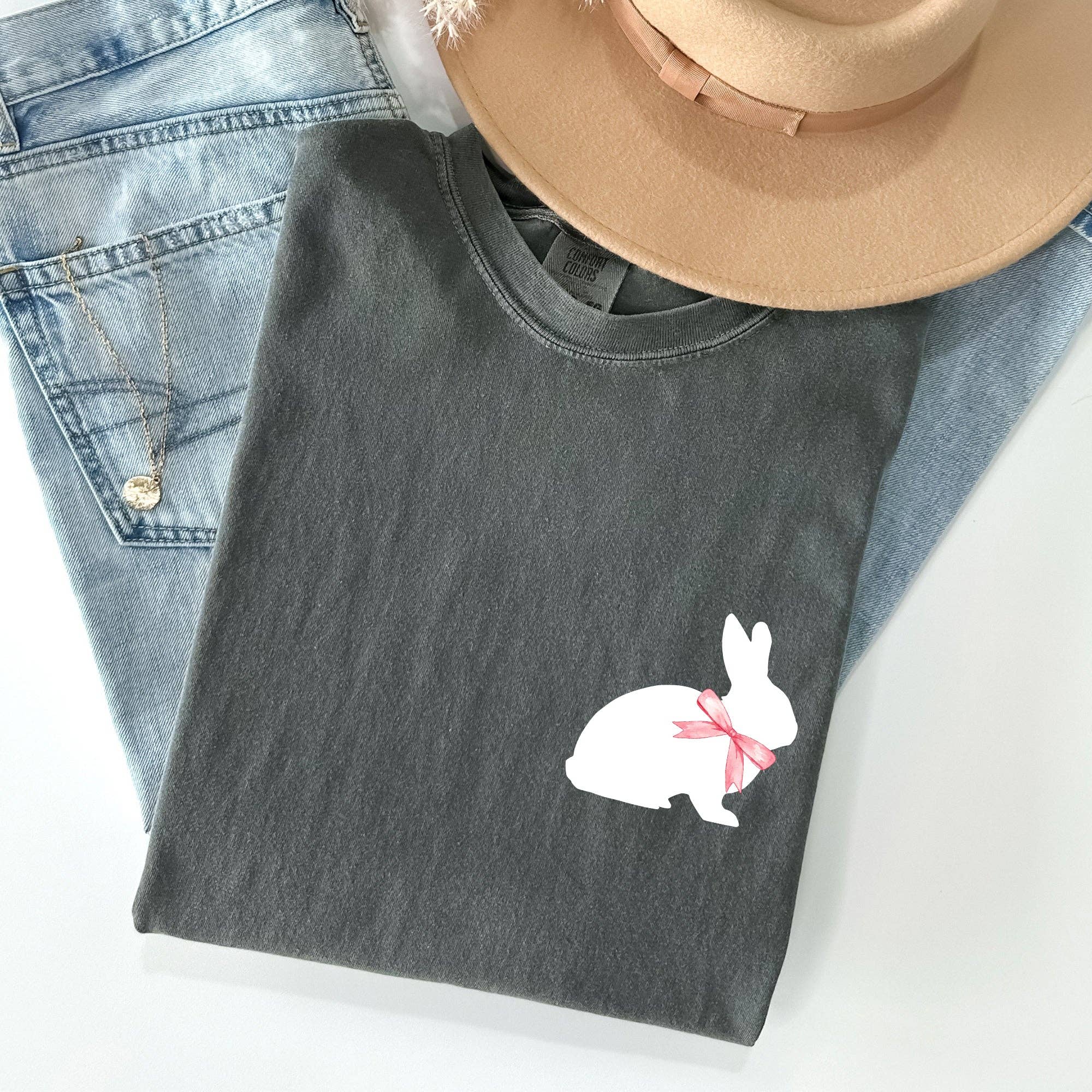 Bunny Wearing A Bow, Pocket Print, Easter Rabbit - Adult & Kids T-Shirts, Sweatshirts & Hoodies apparel design preview 1