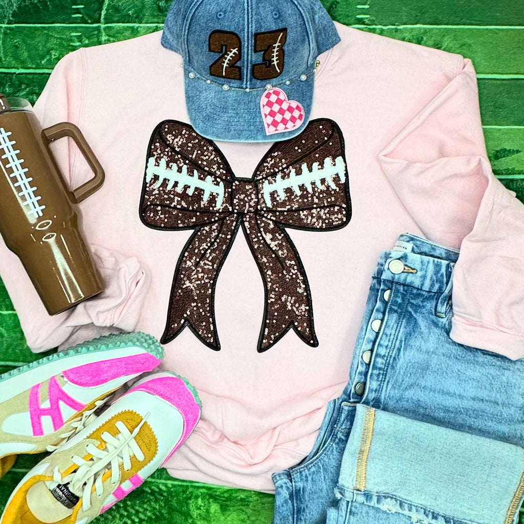 Sequins Football Bow Patch Light Pink Crewneck - Adult & Kids T-Shirts, Sweatshirts & Hoodies apparel design preview 1