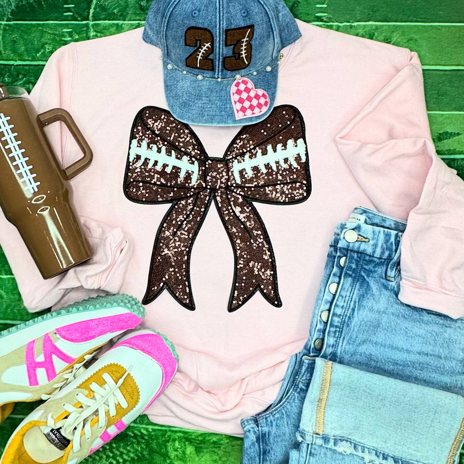 Sequins Football Bow Patch Light Pink Crewneck - Adult & Kids T-Shirts, Sweatshirts & Hoodies apparel design preview 1