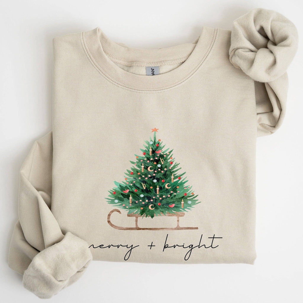 Merry and Bright, Sleigh Christmas Tree Snow Xmas - Adult & Kids T-Shirts, Sweatshirts & Hoodies apparel design preview 1