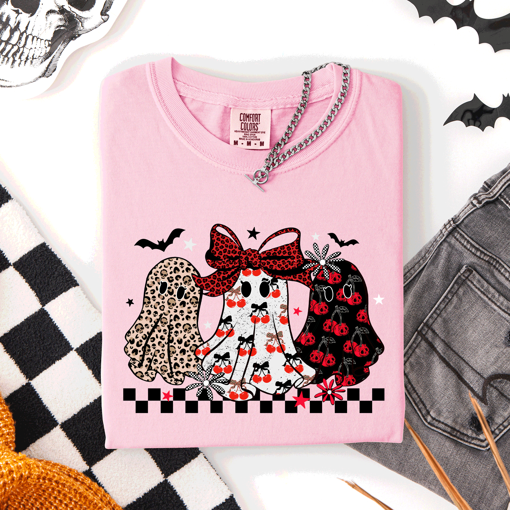 Retro Halloween Ghosts, Checkered, Pattern - Adult & Kids T-Shirts, Sweatshirts & Hoodies apparel design preview 1