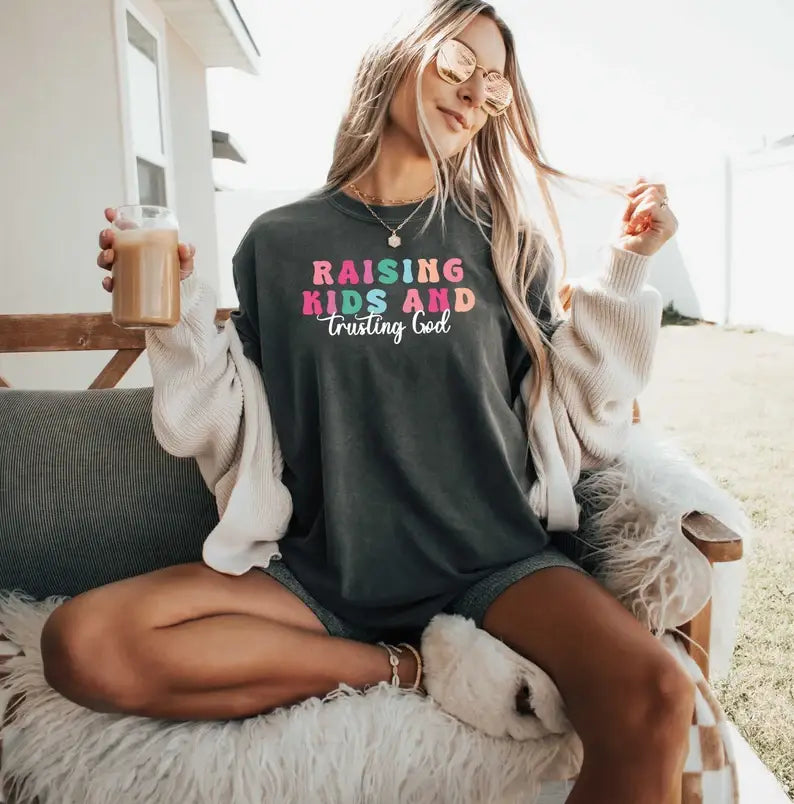 Raising Kids and Trusting God Prayer Gift For Mom - Adult & Kids T-Shirts, Sweatshirts & Hoodies apparel design preview 1