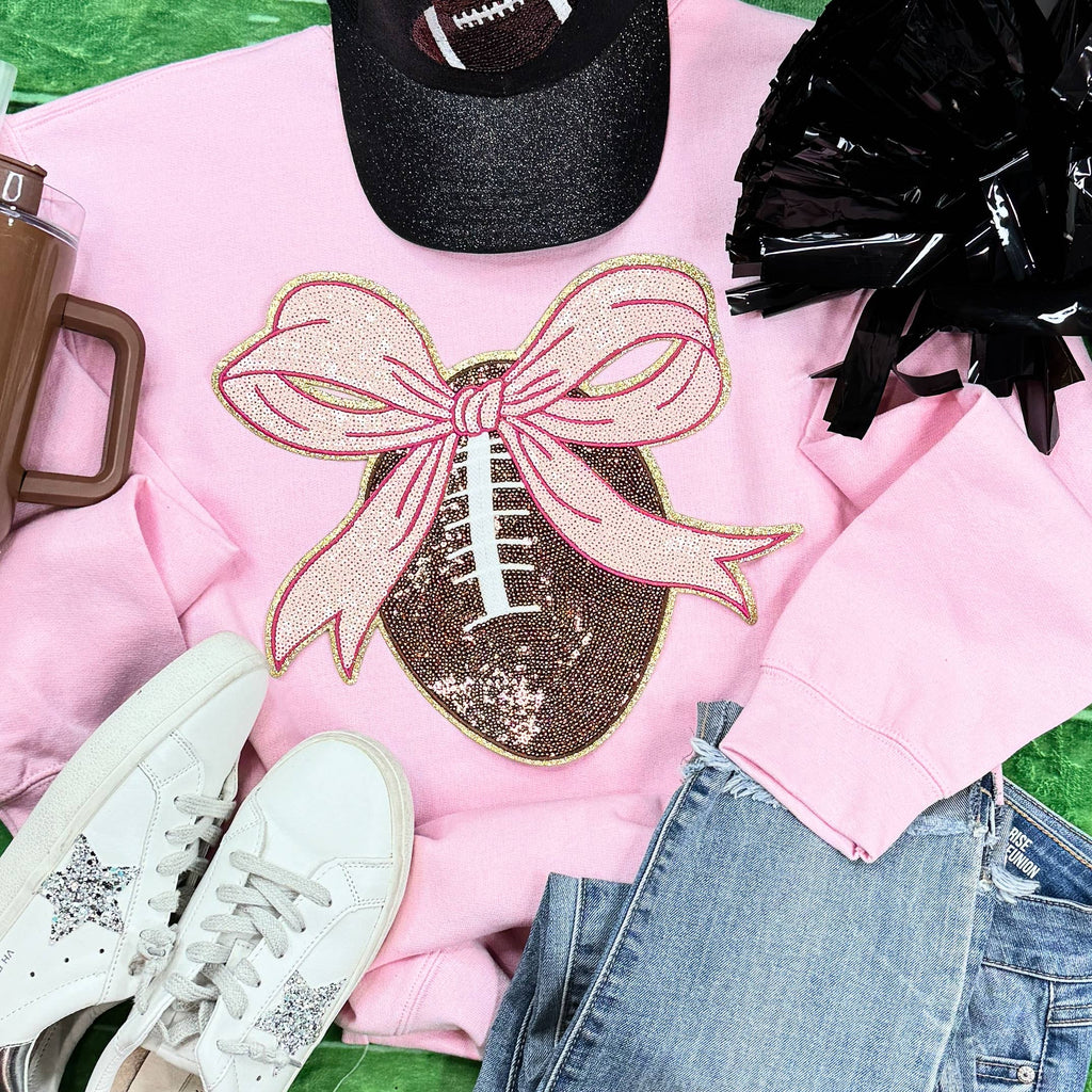 Sequin Football with Pink Bow Patch Light - Adult & Kids T-Shirts, Sweatshirts & Hoodies apparel design preview 1