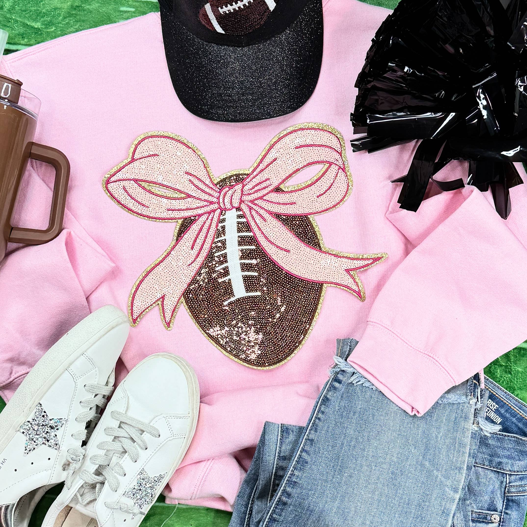 Sequin Football with Pink Bow Patch Light - Adult & Kids T-Shirts, Sweatshirts & Hoodies apparel design preview 1