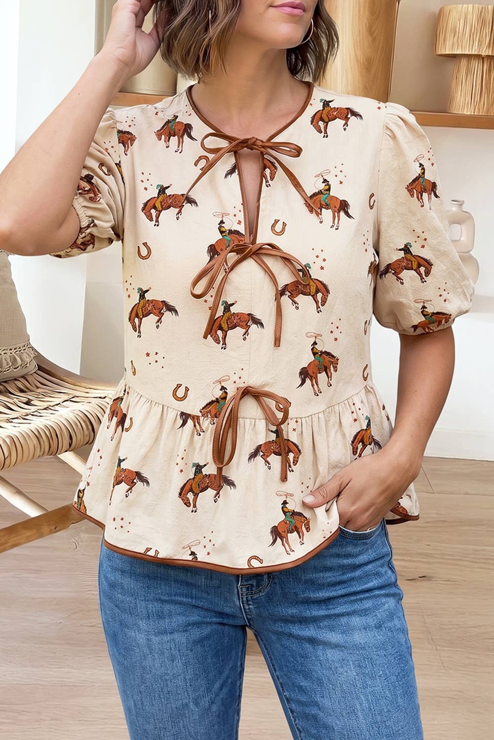 Cowboy Print Puff Sleeve Bowknot Peplum Blouse (S-Xl) - Adult & Kids T-Shirts, Sweatshirts & Hoodies apparel design preview 1