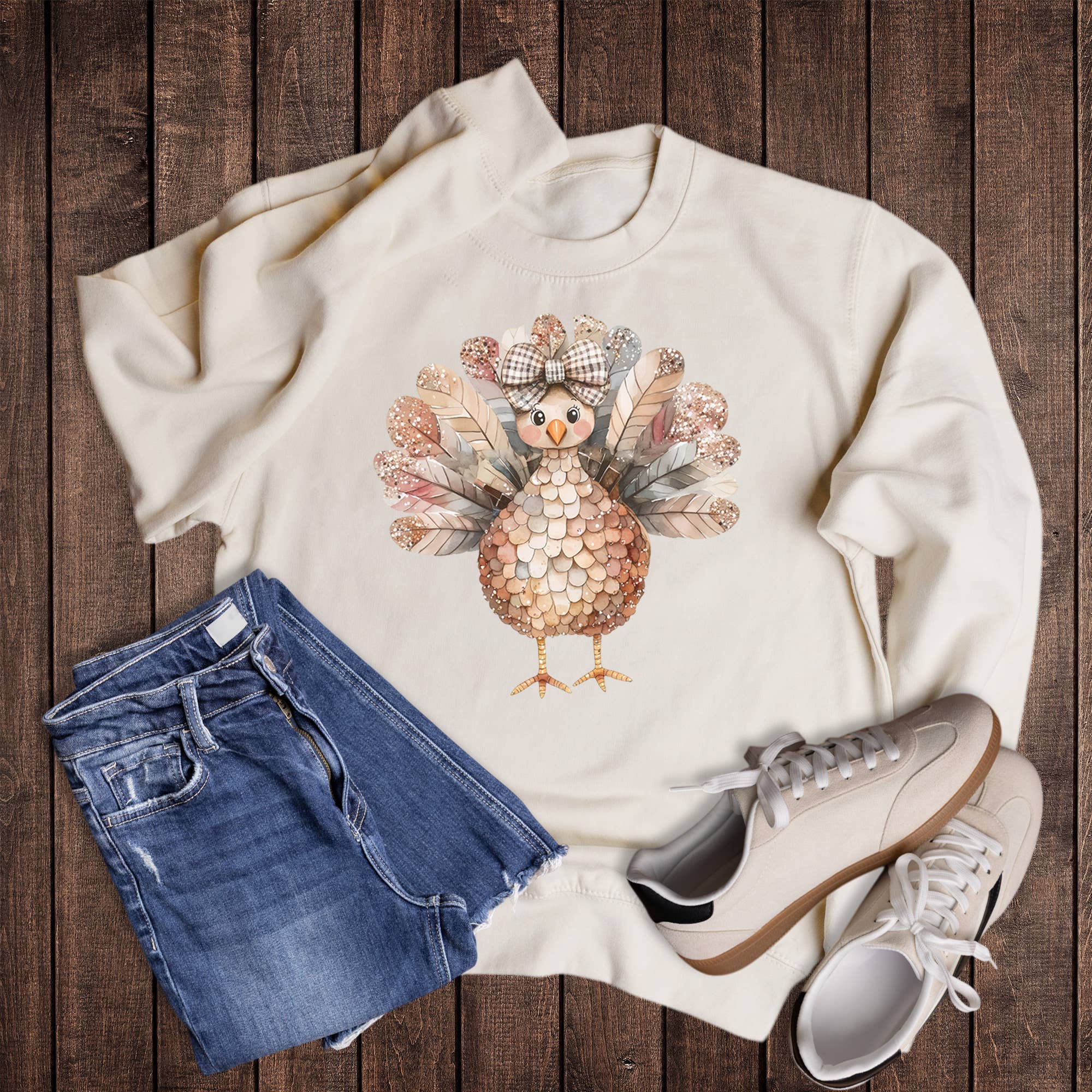 Fall Glitter Bow Turkey - Adult & Kids T-Shirts, Sweatshirts & Hoodies apparel design preview 1