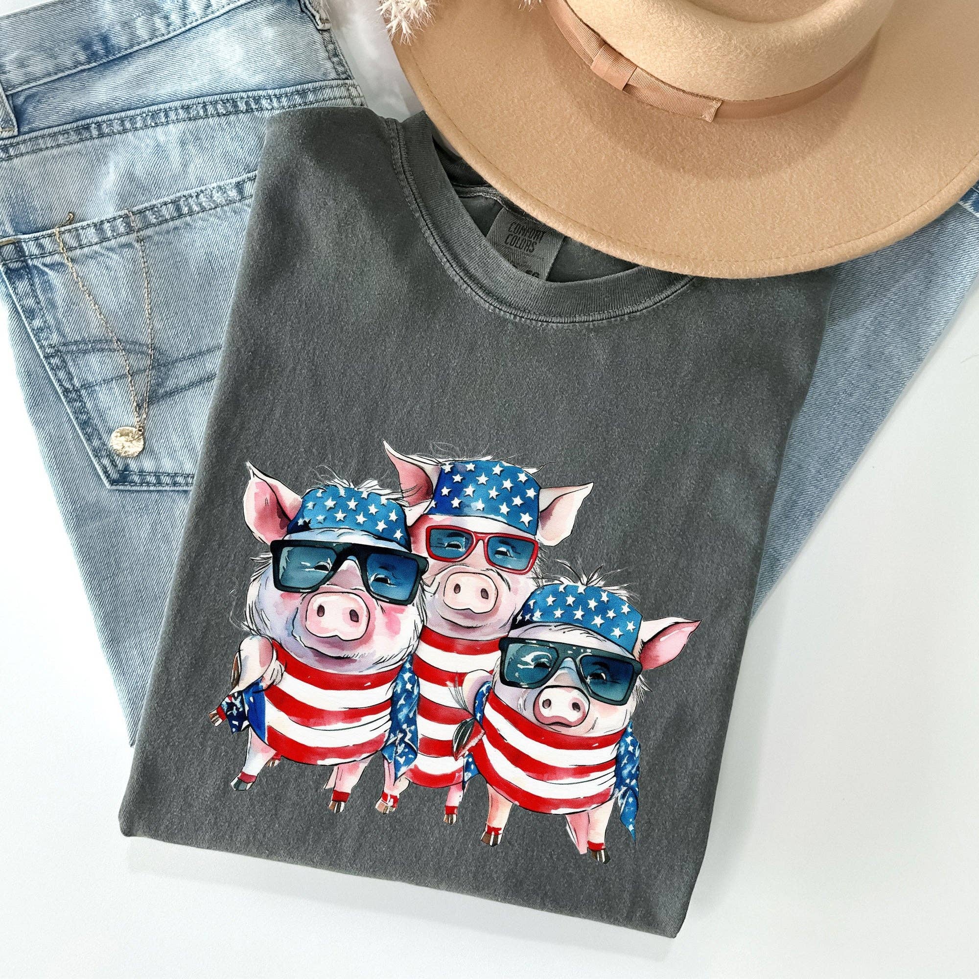 Patriotic Pigs, Hippie, Funny, 4th of July - Adult & Kids T-Shirts, Sweatshirts & Hoodies apparel design preview 1