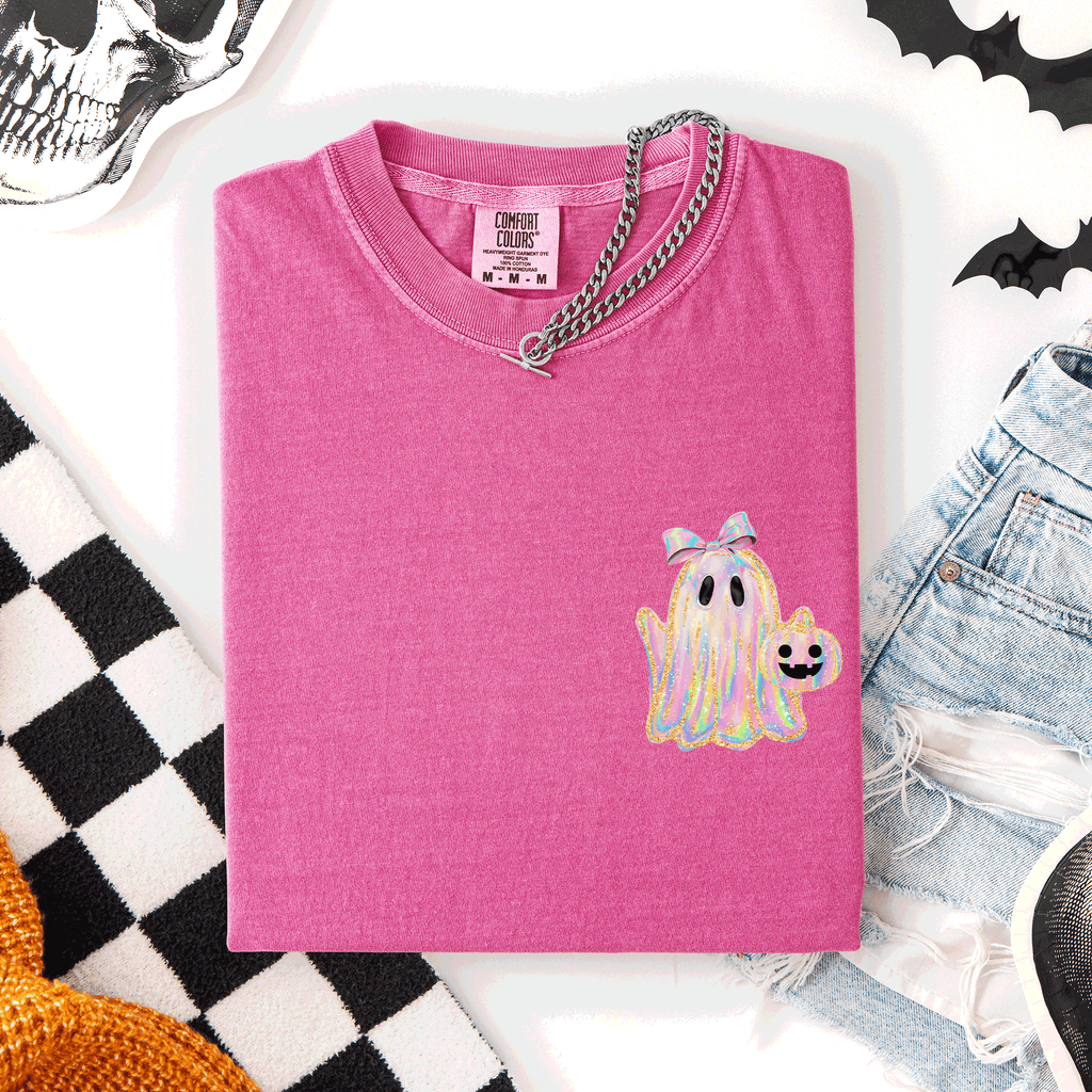 Cute Ghost, Coquette, Ribbon, Faux Glitter Halloween - Adult & Kids T-Shirts, Sweatshirts & Hoodies apparel design preview 1