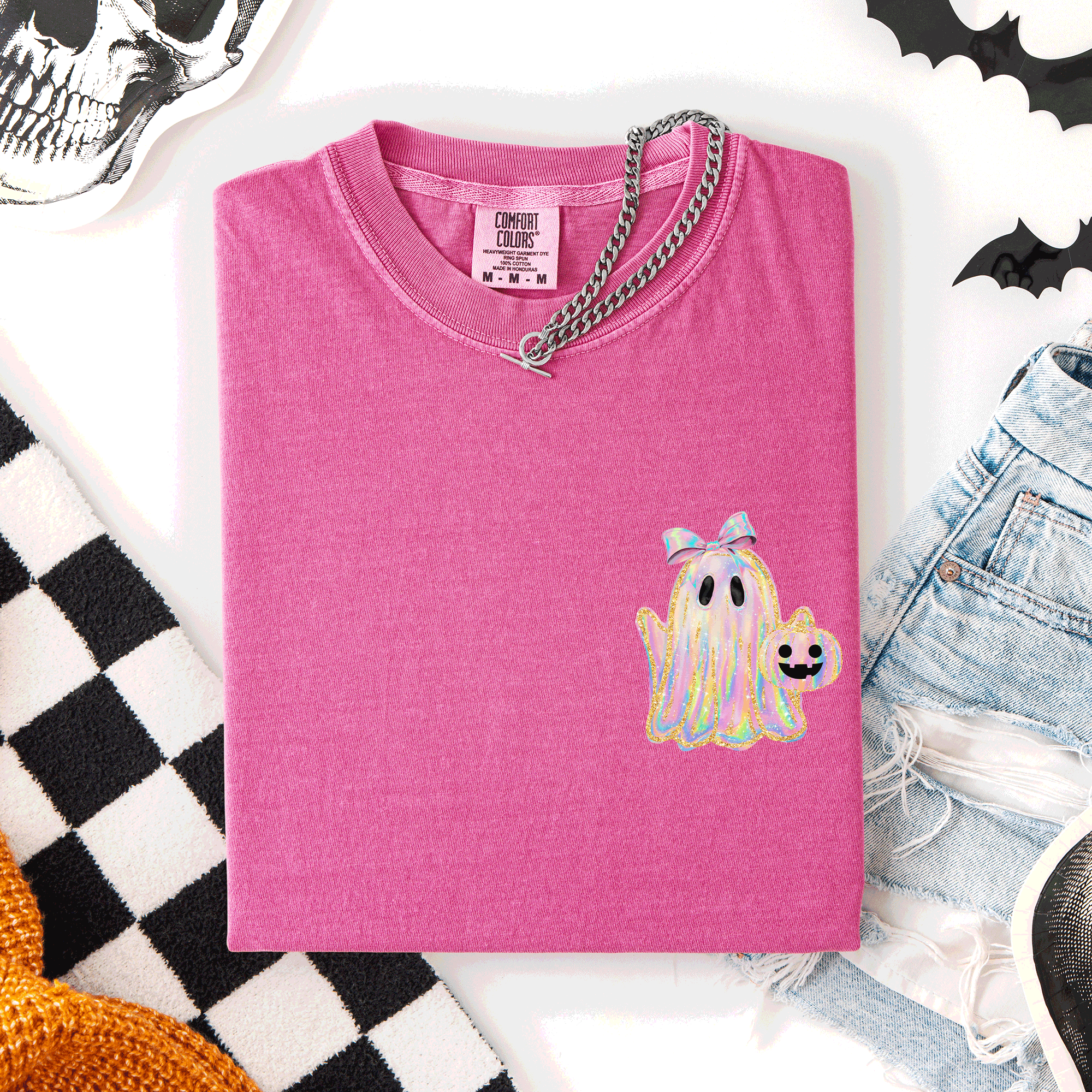Cute Ghost, Coquette, Ribbon, Faux Glitter Halloween - Adult & Kids T-Shirts, Sweatshirts & Hoodies apparel design preview 1
