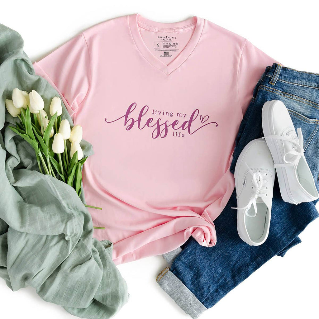 Living My Blessed Life Christian Graphic V-Neck - Adult & Kids T-Shirts, Sweatshirts & Hoodies apparel design preview 1