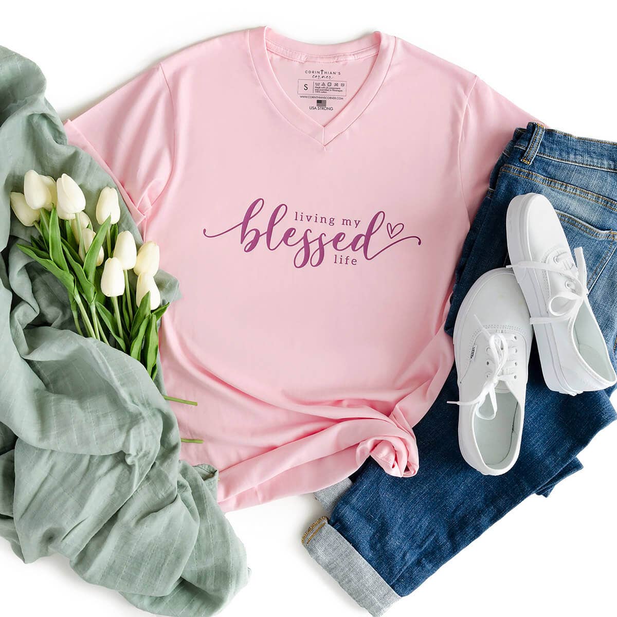 Living My Blessed Life Christian Graphic V-Neck - Adult & Kids T-Shirts, Sweatshirts & Hoodies apparel design preview 1