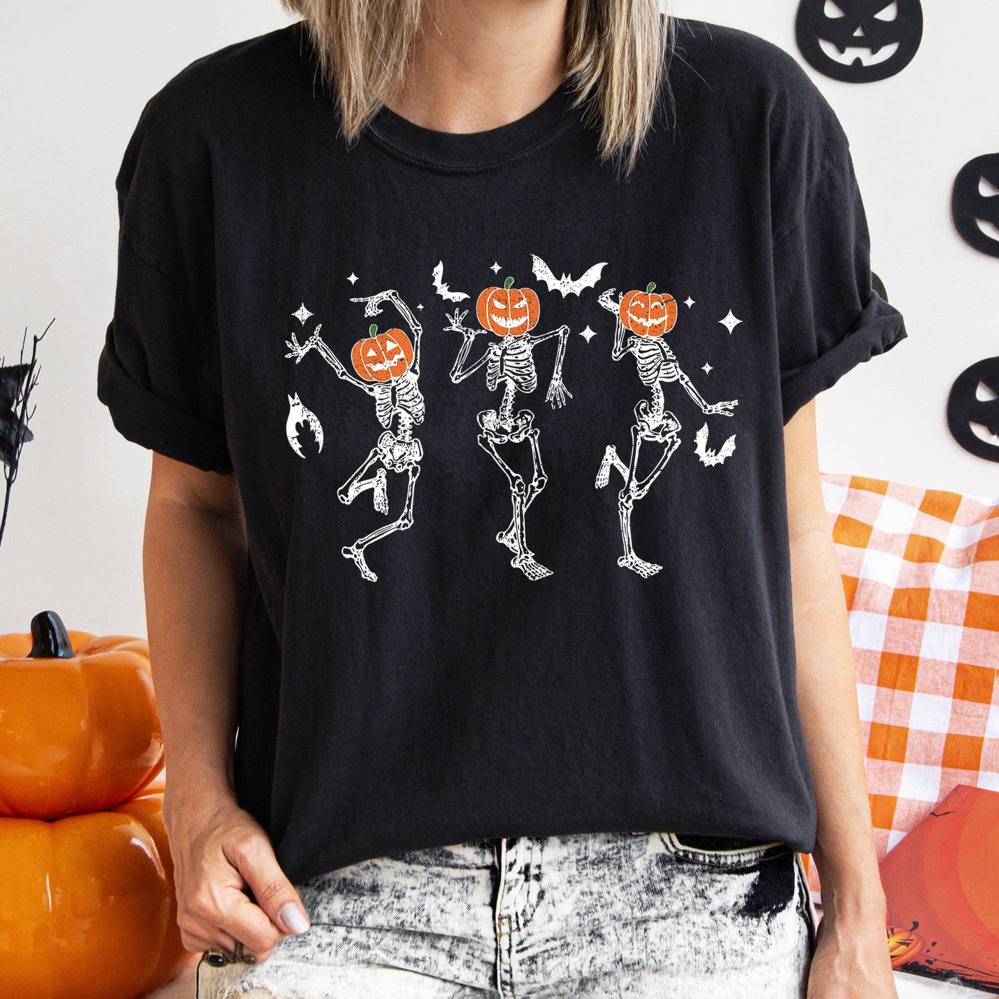 Dancing Pumpkin Skeletons Halloween White Print - Adult & Kids T-Shirts, Sweatshirts & Hoodies apparel design preview 1