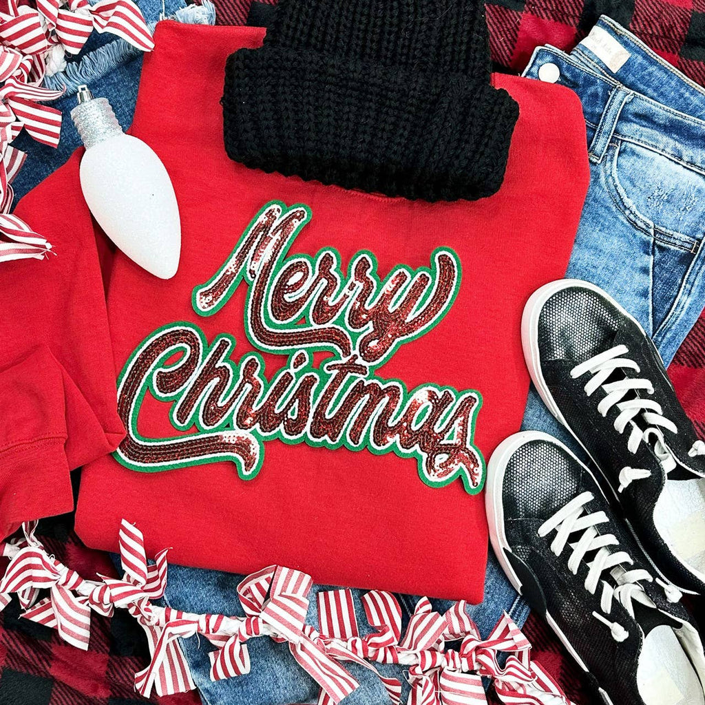 Red Lettering Sequin Merry Christmas Chenille - Adult & Kids T-Shirts, Sweatshirts & Hoodies apparel design preview 1