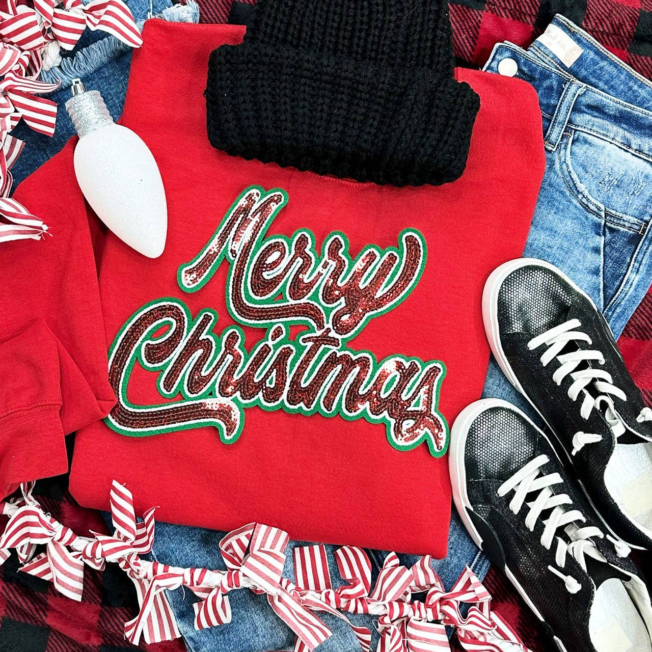 Red Lettering Sequin Merry Christmas Chenille - Adult & Kids T-Shirts, Sweatshirts & Hoodies apparel design preview 1