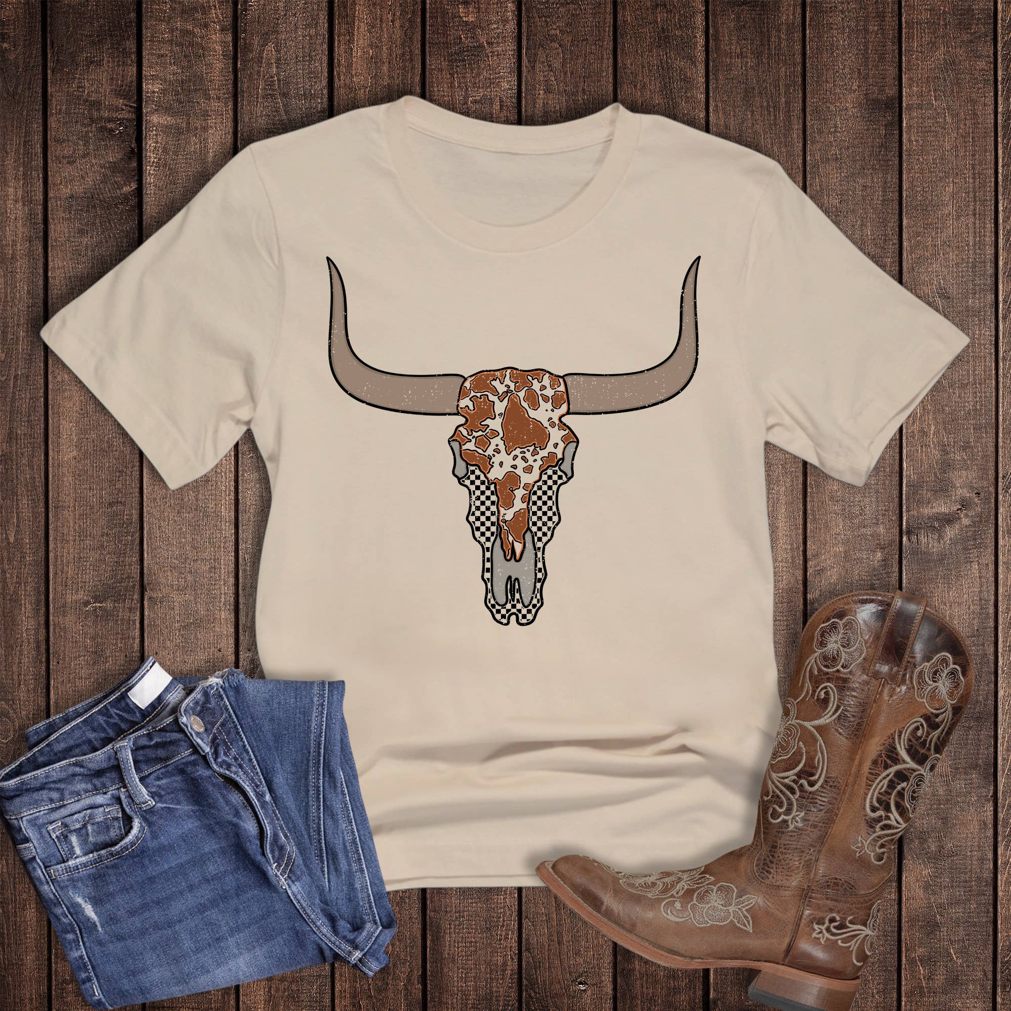 Western Check Cow Print Skull Graphic - Adult & Kids T-Shirts, Sweatshirts & Hoodies apparel design preview 1