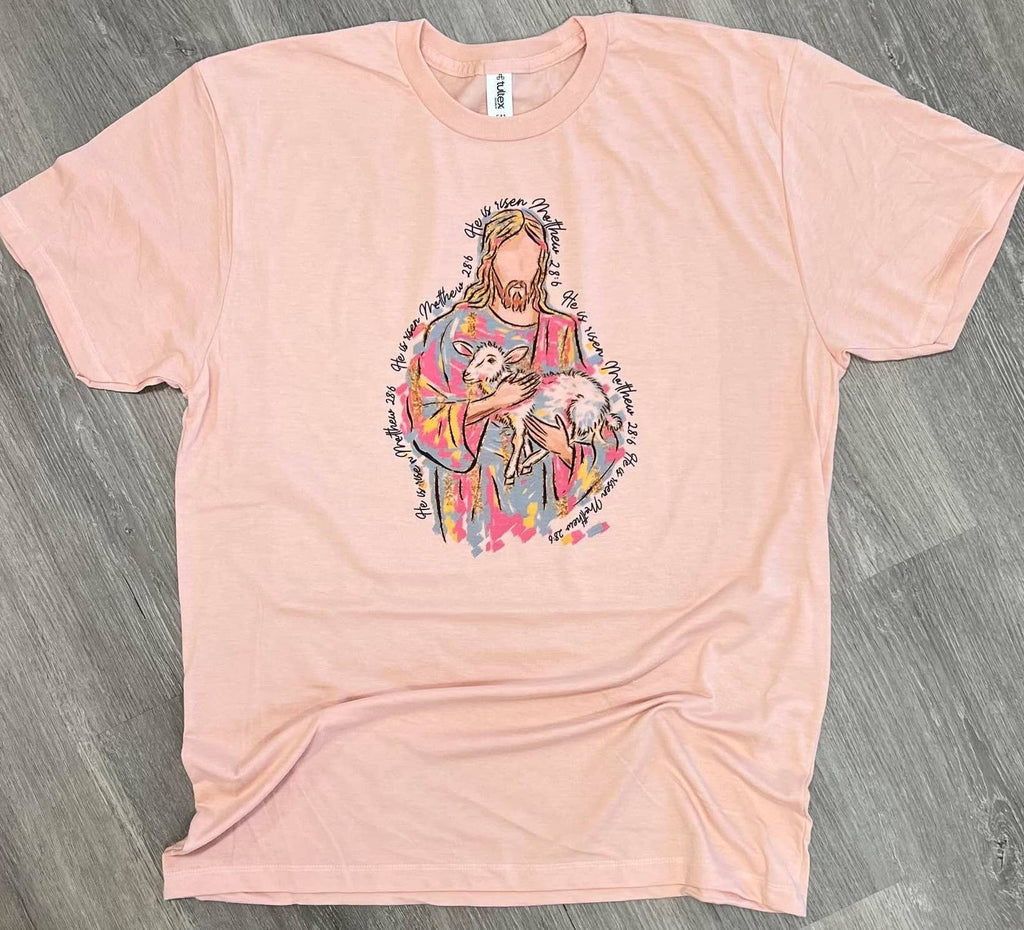 Brushstroke Jesus with Lamb He Is Risen On Peach - Adult & Kids T-Shirts, Sweatshirts & Hoodies apparel design preview 1