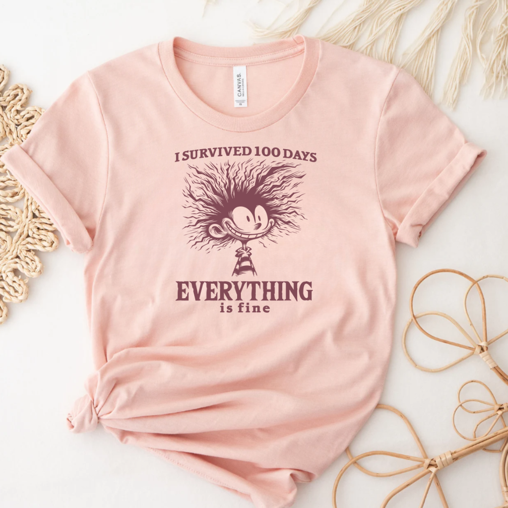 I Survived 100 Days Everything Is Fine Funny School - Adult & Kids T-Shirts, Sweatshirts & Hoodies apparel design preview 1