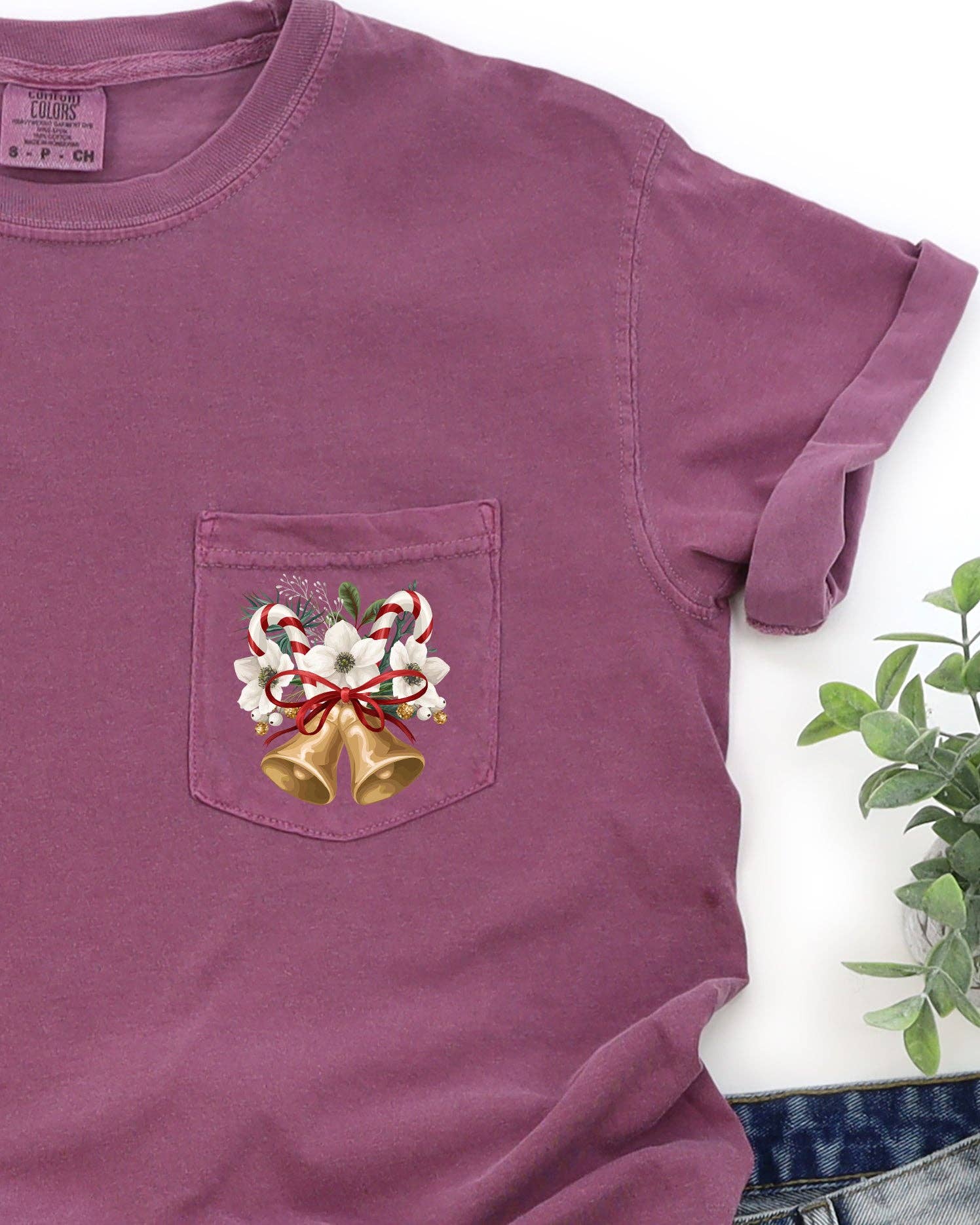 Christmas Flowers, Bells, Floral, White Pocket - Adult & Kids T-Shirts, Sweatshirts & Hoodies apparel design preview 1