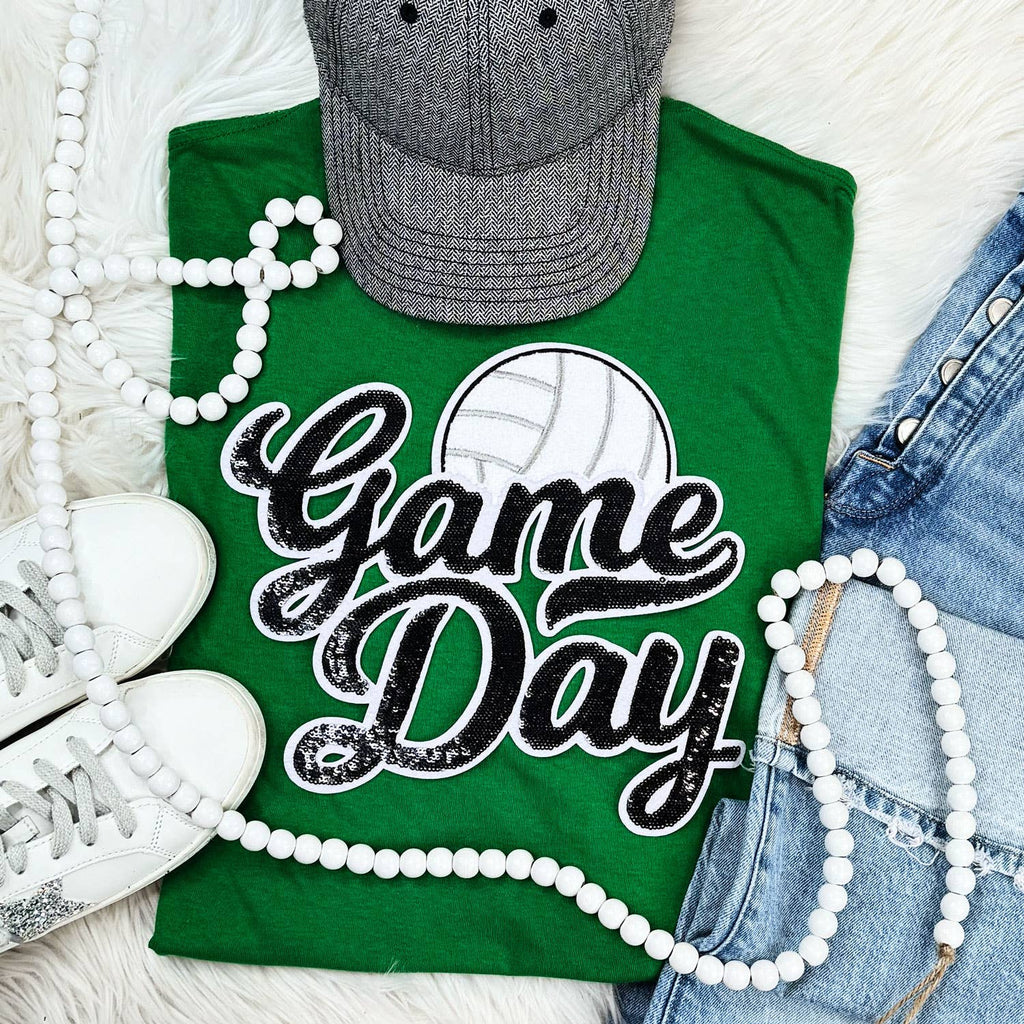 Black Sequin Volleyball Game Day Patch Turf Green - Adult & Kids T-Shirts, Sweatshirts & Hoodies apparel design preview 1