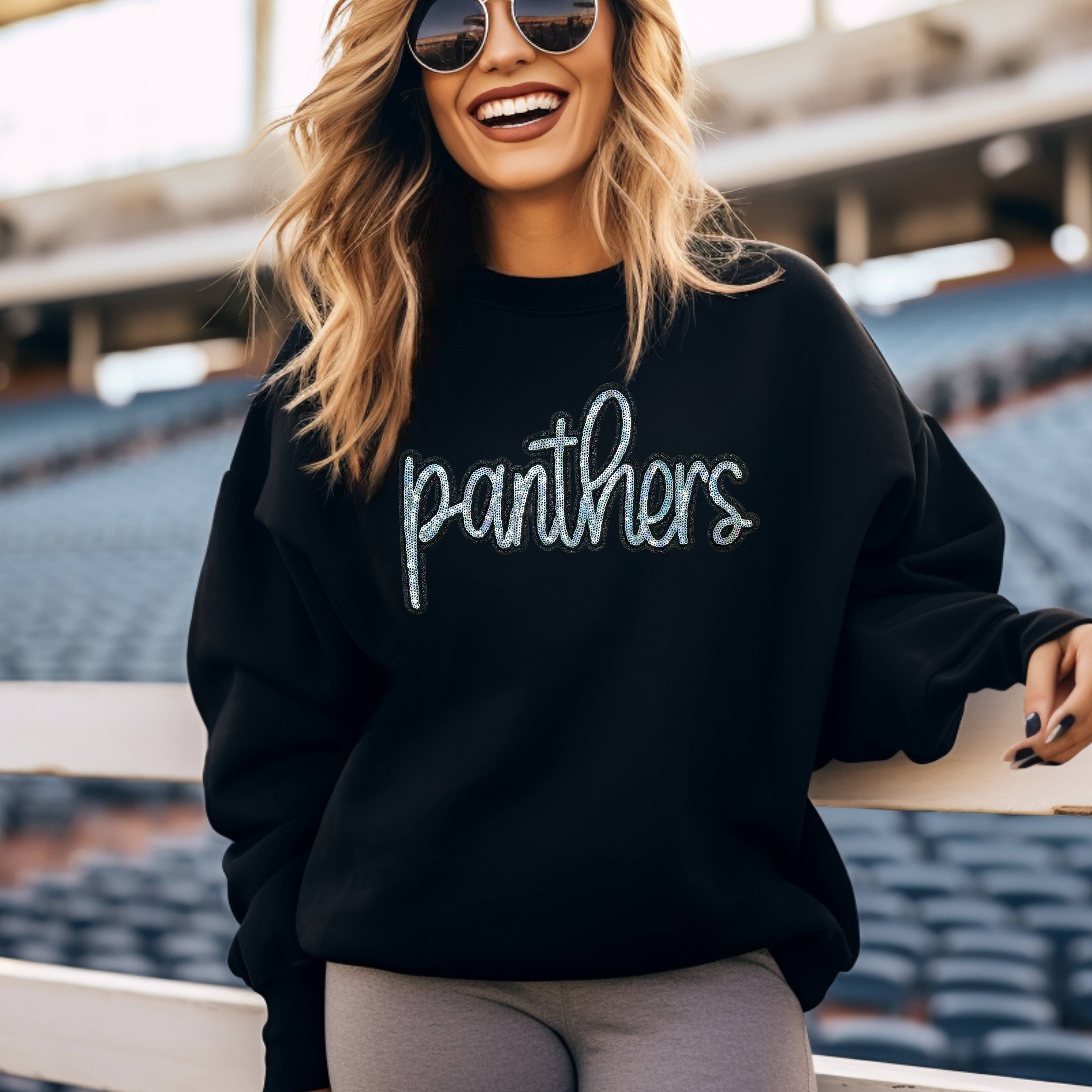 Panthers Sequin Patch Black Crewneck - Adult & Kids T-Shirts, Sweatshirts & Hoodies apparel design preview 1