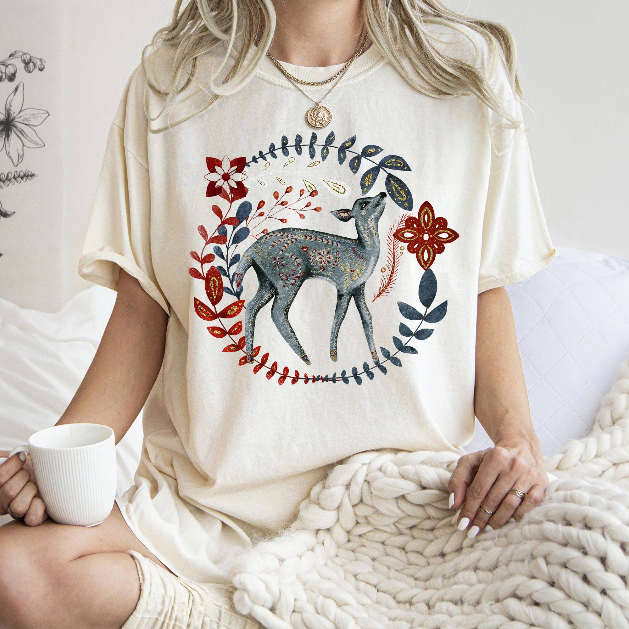 Deer, Folk Art, Scandinavian, Winter, Christmas - Adult & Kids T-Shirts, Sweatshirts & Hoodies apparel design preview 1