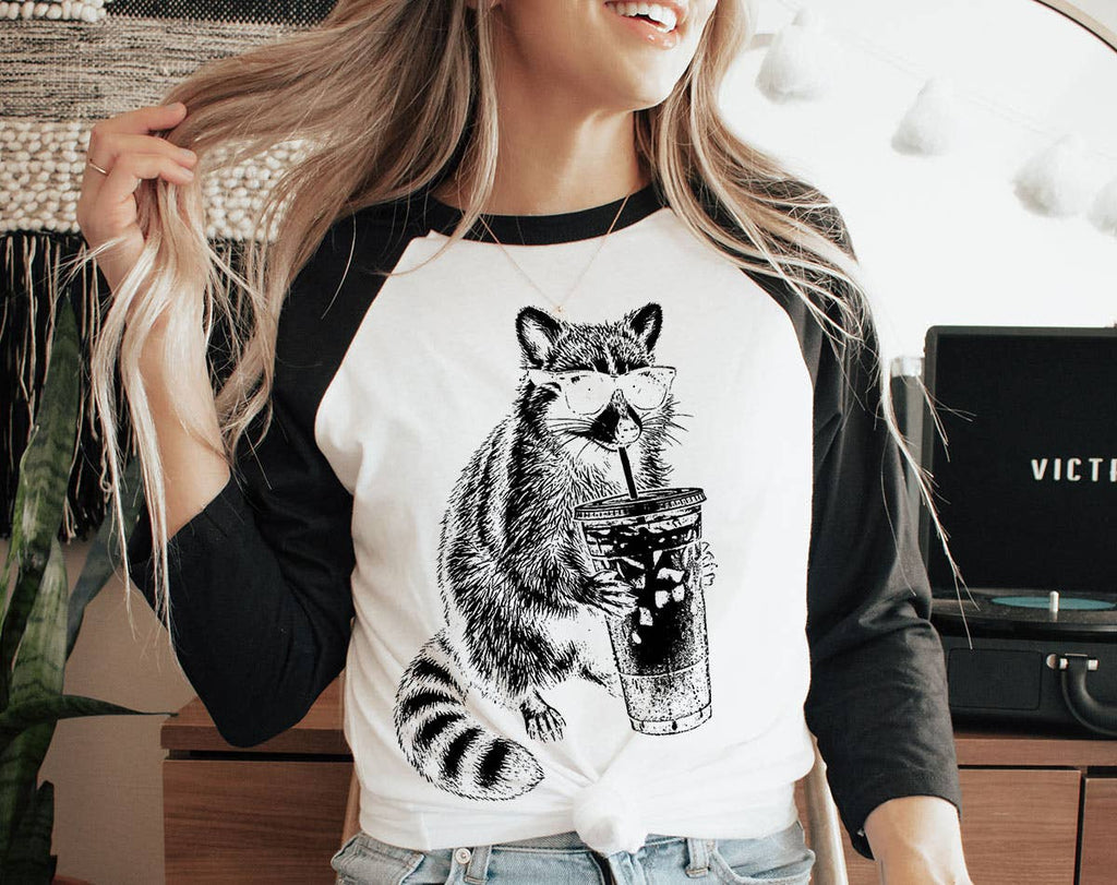 Raccoon Drinking Iced Coffee Funny Animal Baseball - Adult & Kids T-Shirts, Sweatshirts & Hoodies apparel design preview 1