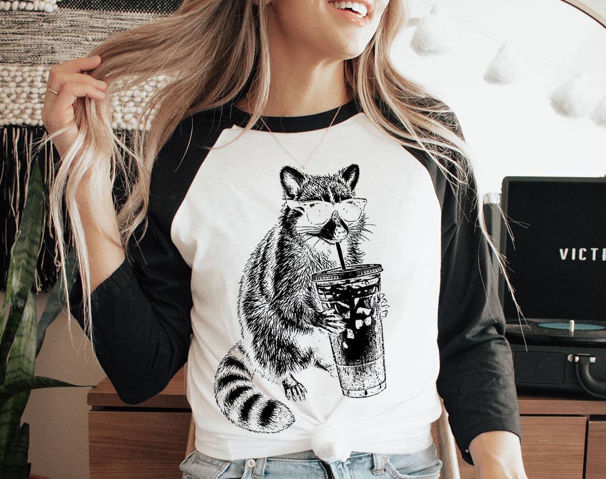 Raccoon Drinking Iced Coffee Funny Animal Baseball - Adult & Kids T-Shirts, Sweatshirts & Hoodies apparel design preview 1